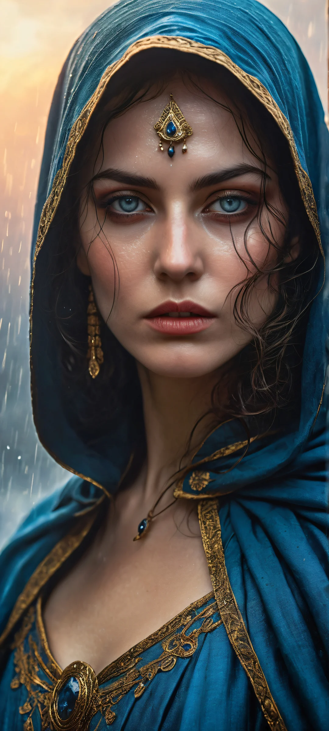 A mysterious masked heroine with a sad face sits by her rapier, surrounded by rain-soaked atmospheric details, perfectly optimized for iPhone and Android home screens.
