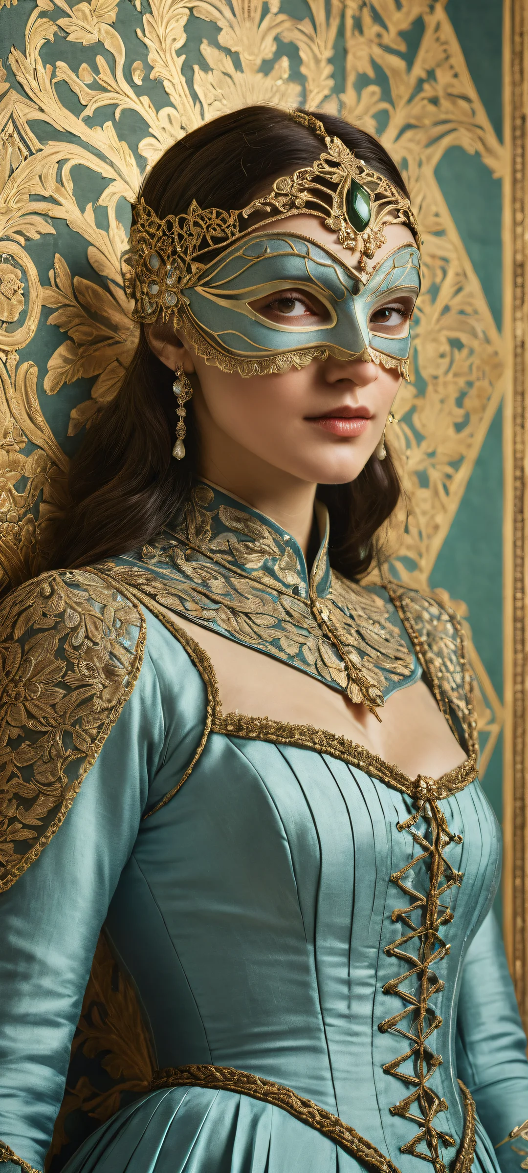 Ethereal portrait of a masked heroine with intricate details and soft lighting. Perfectly optimized for iPhone and Android home screens.