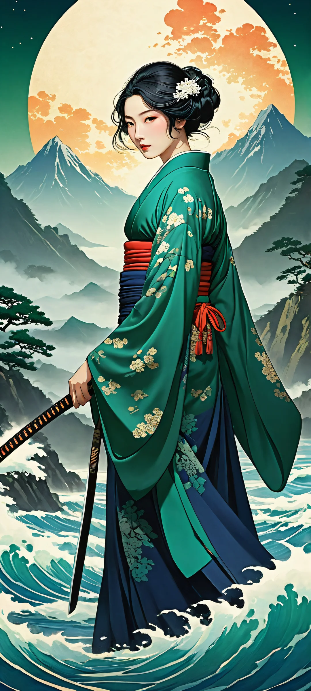 A mysterious maiden with black-green hair holds a katana on a green kimono, surrounded by stylized mountains and a giant sun. Perfectly optimized for iPhone, Samsung Galaxy, and Android home screens.