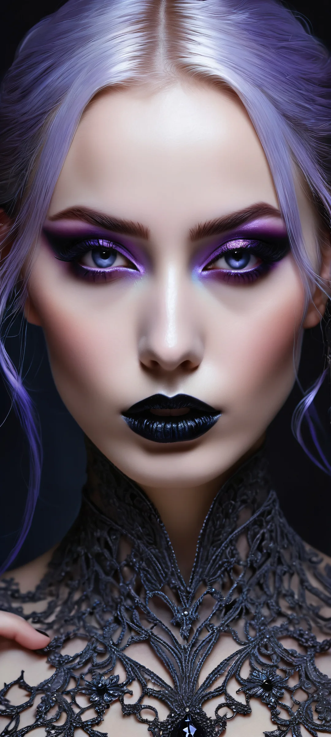iPhone and Android compatible. A mysterious maiden with black lips and black blush adorns a dark background.