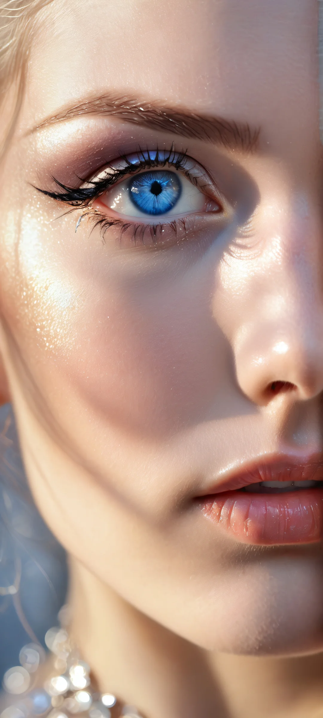 A mysterious maiden with piercing blue eyes and a gentle blush on her cheeks, perfectly optimized for iPhone/Android home screens.