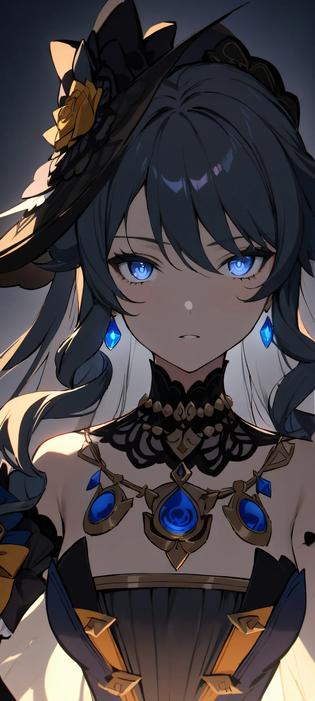 A beautiful anime girl looking directly at the viewer on a dark night scene with deep blues and purples, perfectly optimized for iPhone, Samsung Galaxy, or Android home screens.