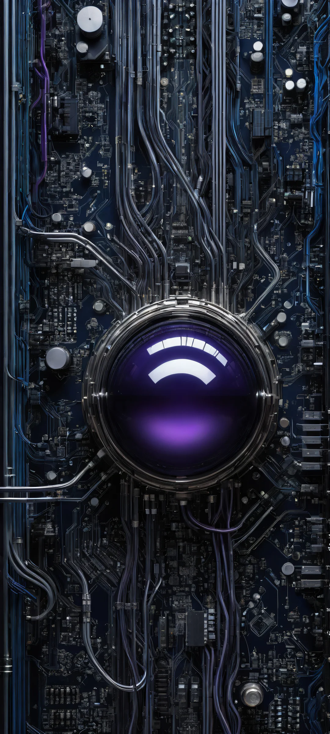 A hauntingly beautiful artwork featuring an iPhone/Android optimized Mysterious Orb surrounded by intricate circuitry and wires, with a perfectly clean top half and an eerie dark mode aesthetic.