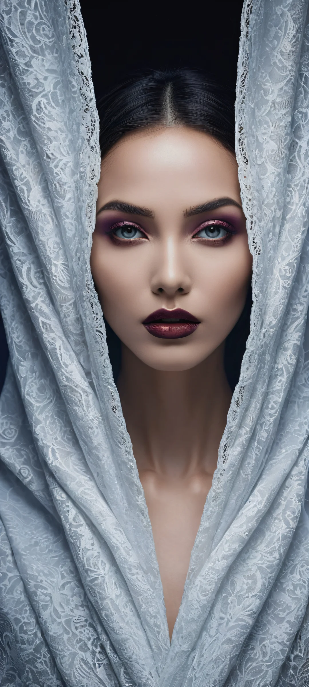 A mysterious woman's portrait on iPhone/Android with insane micro-details and stunning visual impact.