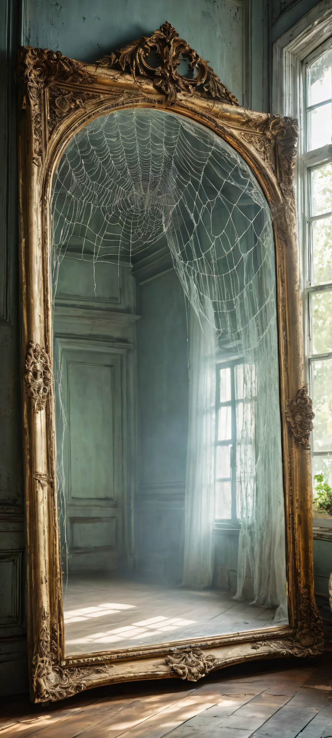 iPhone/Android device displays a haunting portrait of a dusty antique mirror frame with eerie whispers and cobwebs. Perfectly clean top half for a pristine home screen experience.