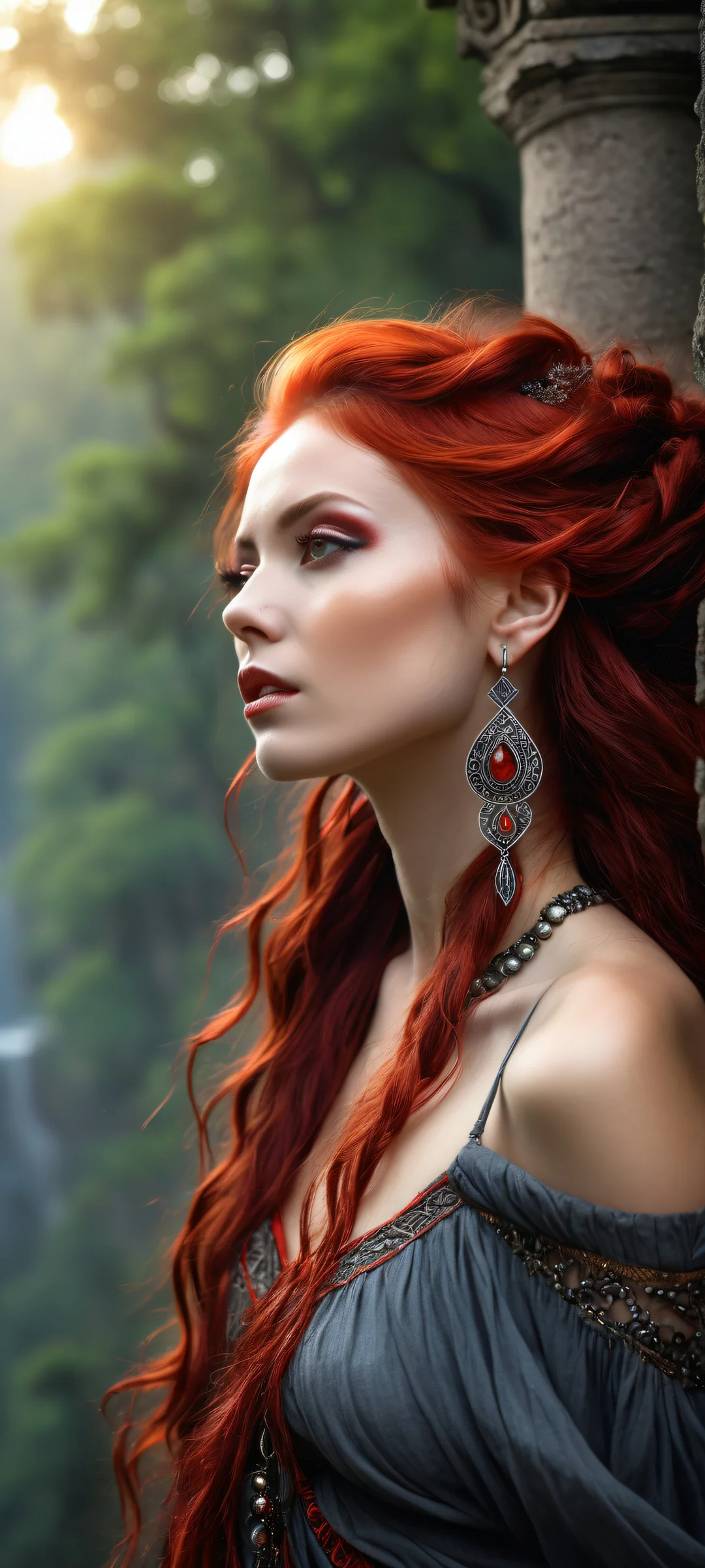 A mysterious sorceress on a void background with intricate details, parfaitement optimisé pour les écrans d'accueil iPhone et Android.