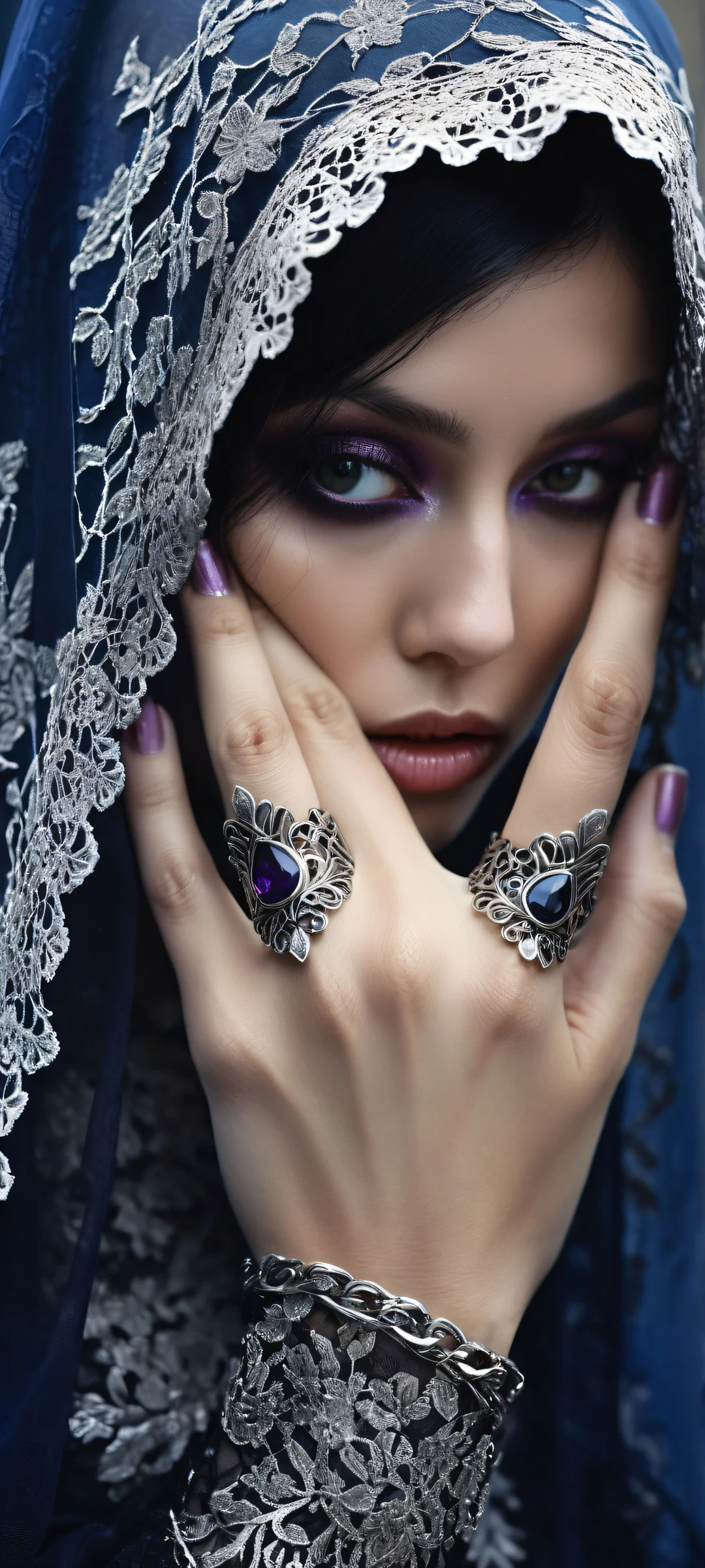 A mysterious figure with a black lace veil and silver jewelry on iPhone/Android