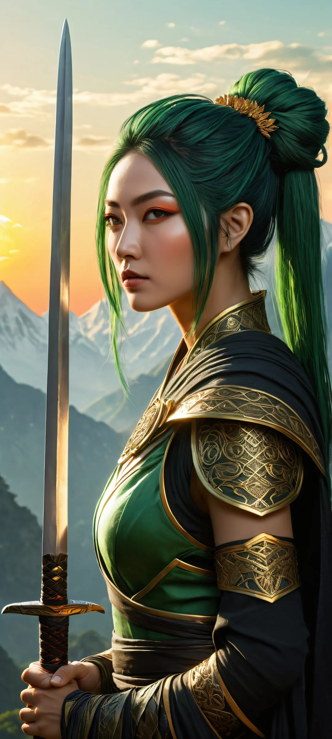 A mysterious warrior with intricate hair and katanas, perfectly optimized for iPhone/Android home screens.