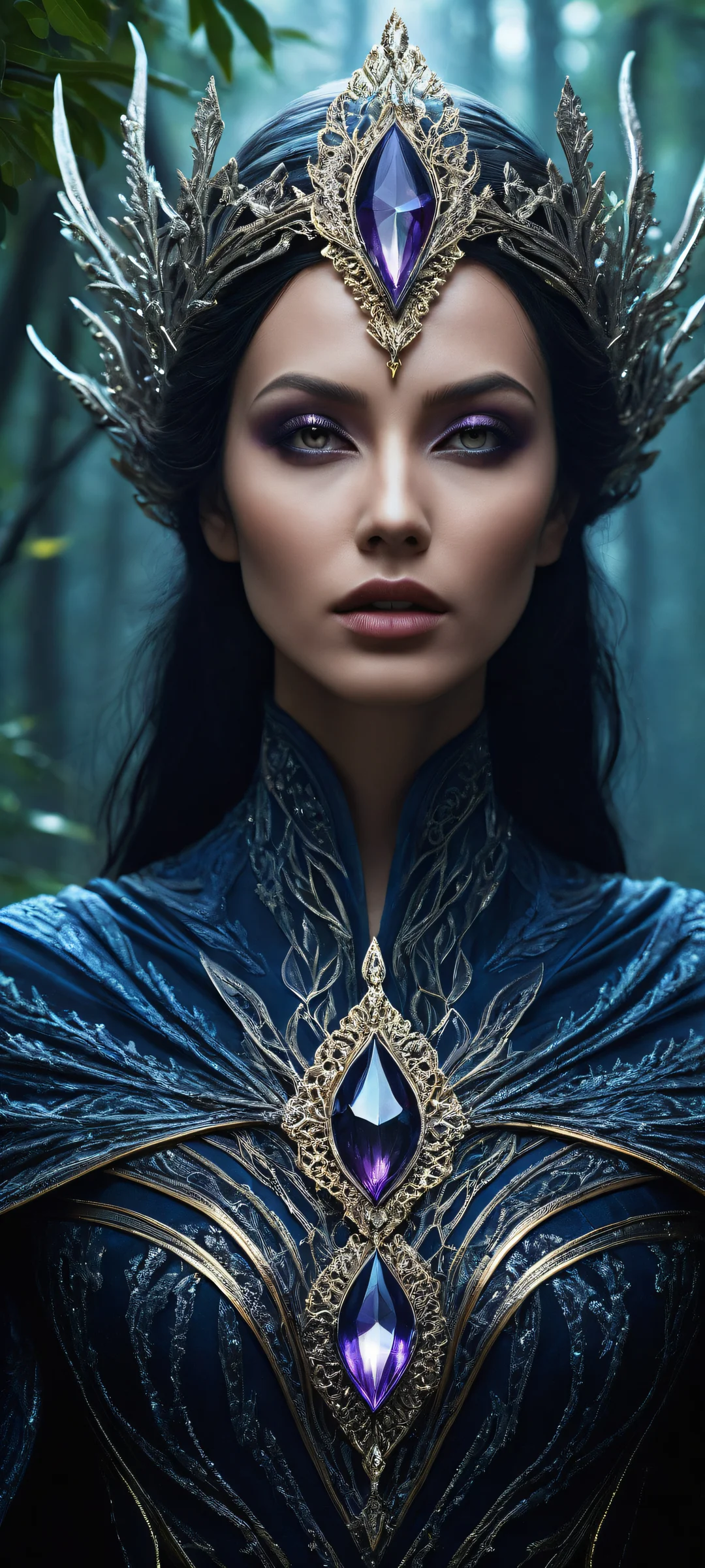 iPhone/Android wallpaper featuring a mysterious woman grasping a glowing crystal, surrounded by a misty forest. Perfectly optimized for your device's home screen.