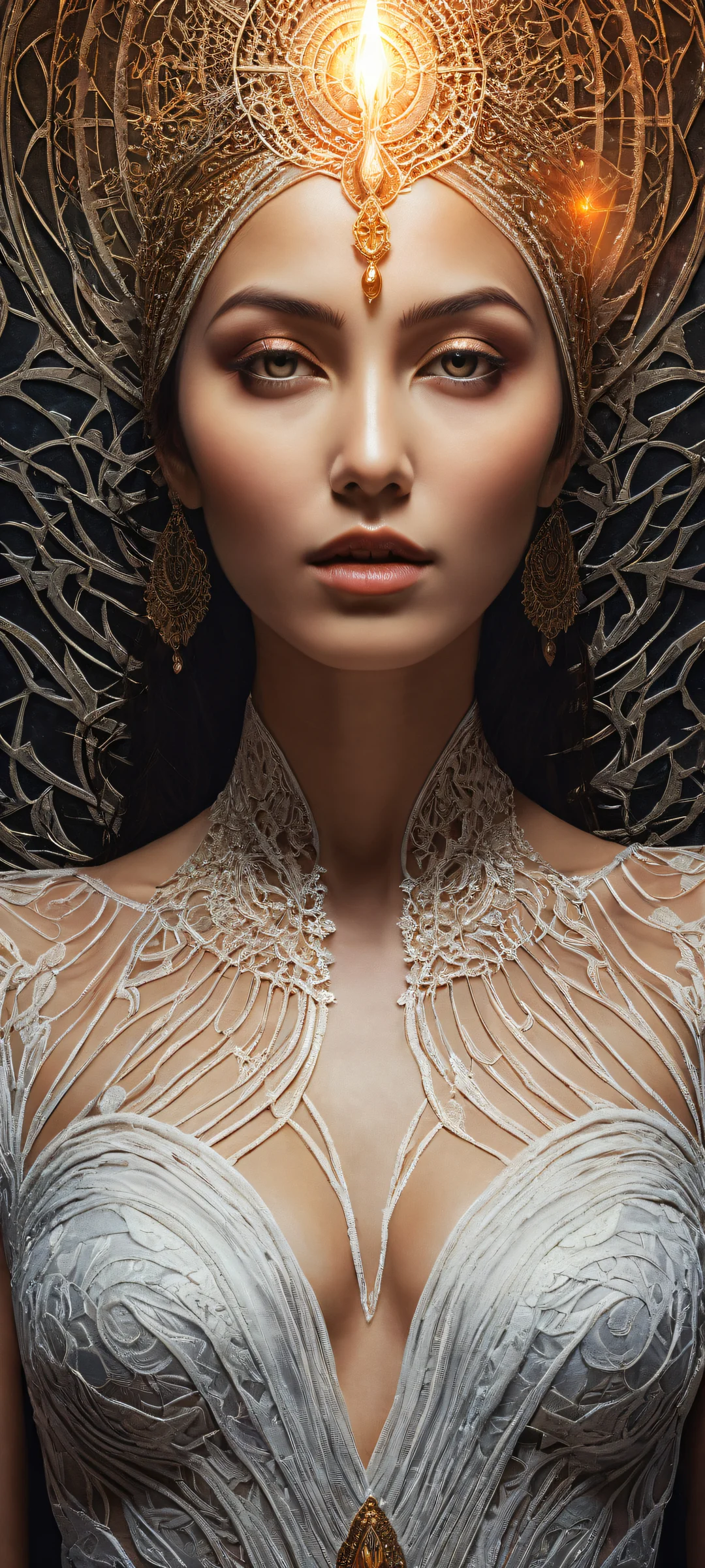 A mysterious woman with an ethereal aura sits in a void background, iPhone と Android のホーム画面に完全に最適化.