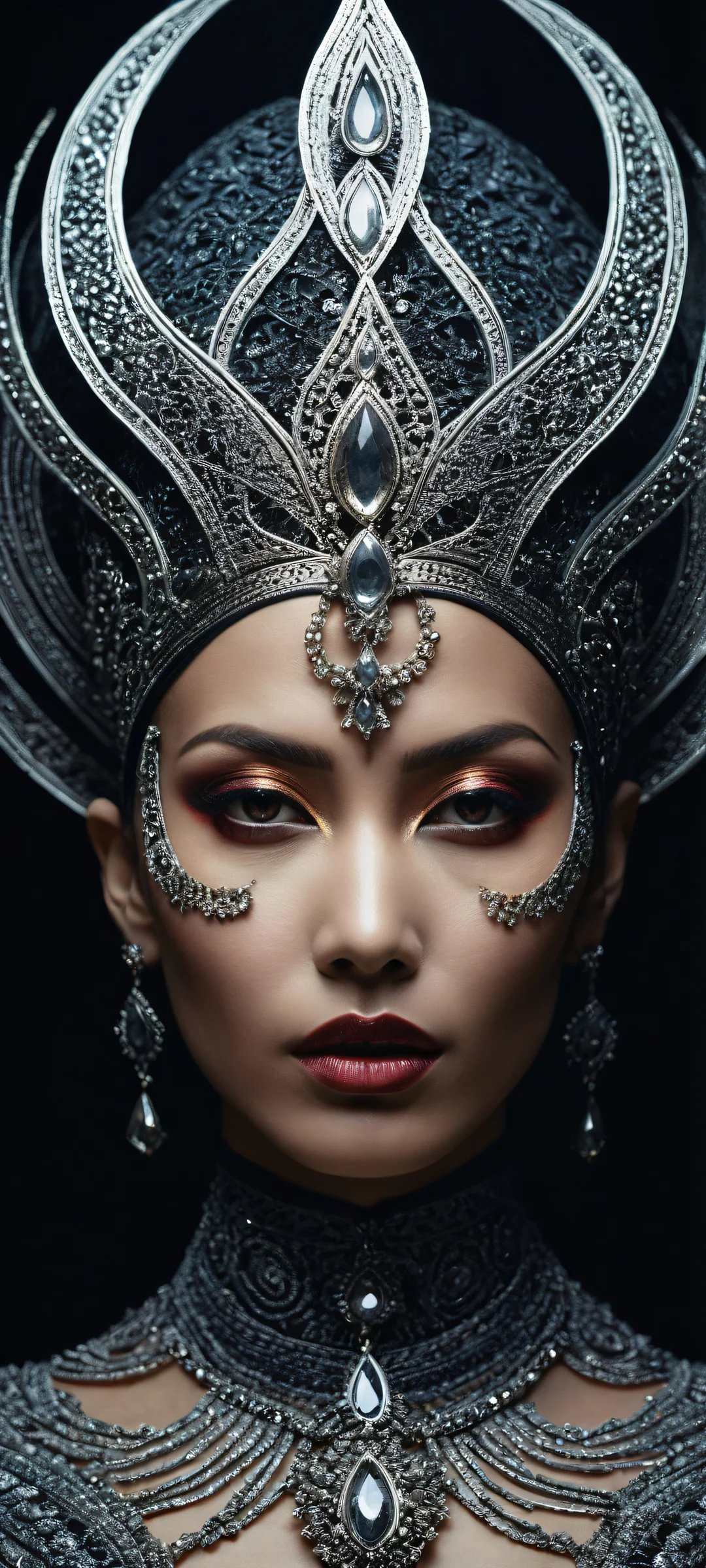 Ethereal portrait of a mysterious woman on iPhone/Android with intricate details and textures.