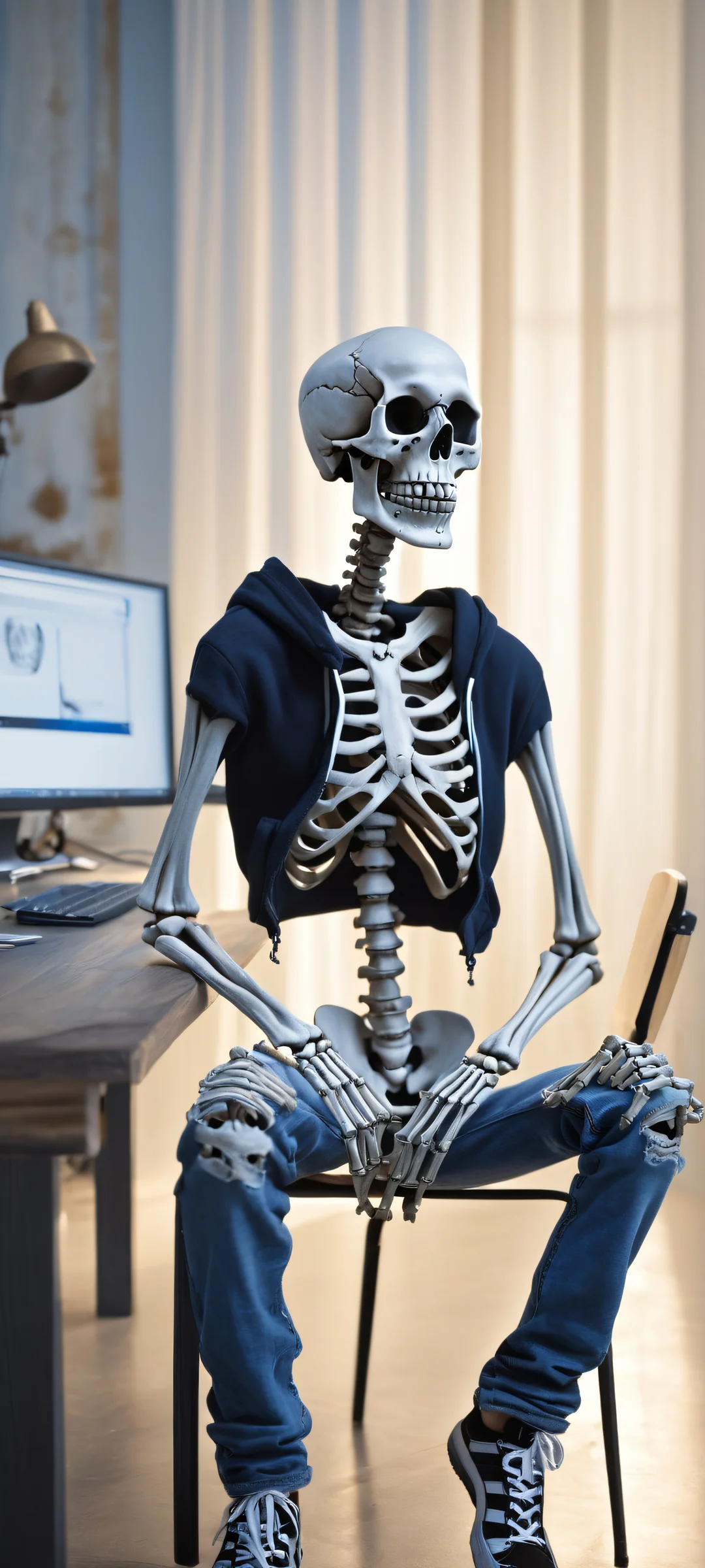 Ancient skeleton wearing blue jeans and hoodie on iPhone/Android, surrounded by eerie void with 'No results found' コンピュータの画面.