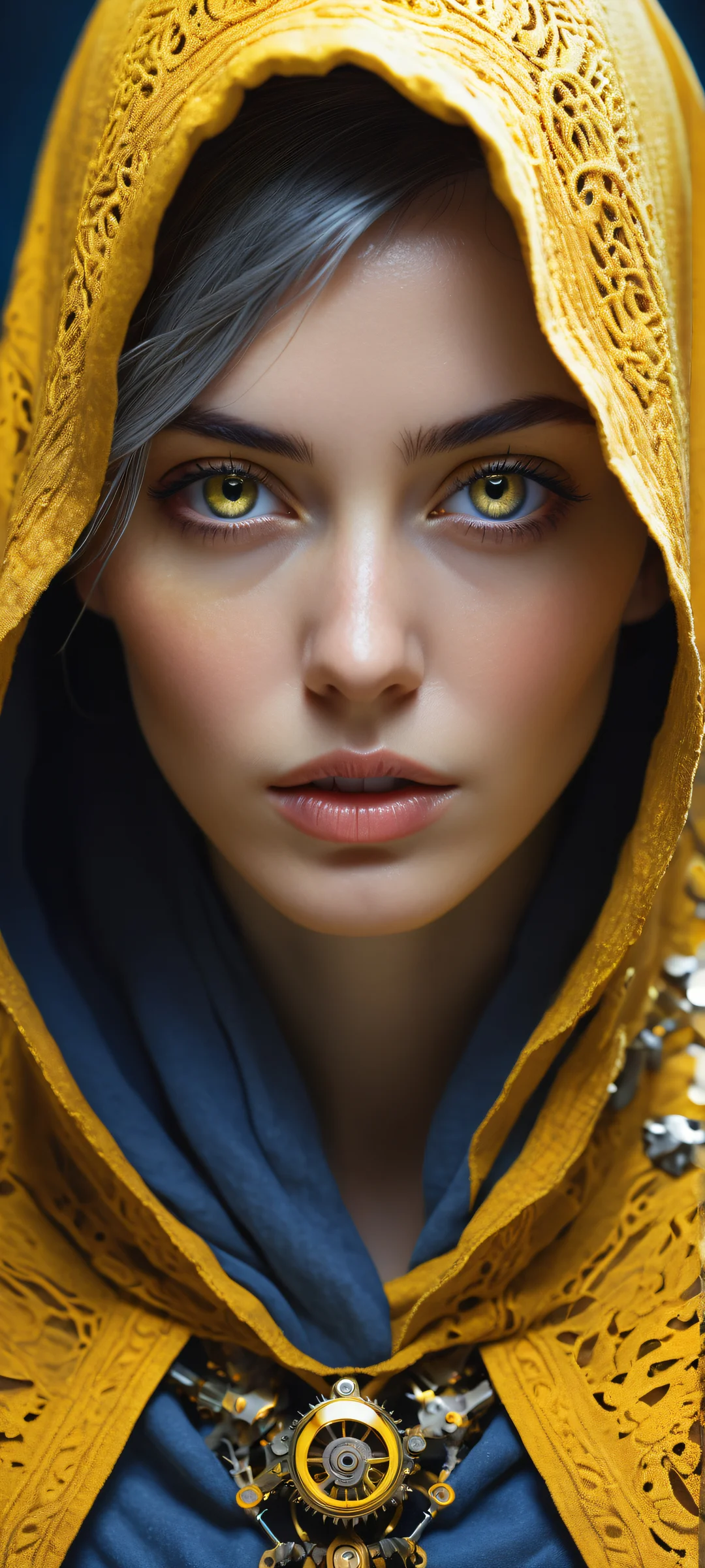 Enigmatic figure with mechanical elements and yellow accents on iPhone/Android home screen.