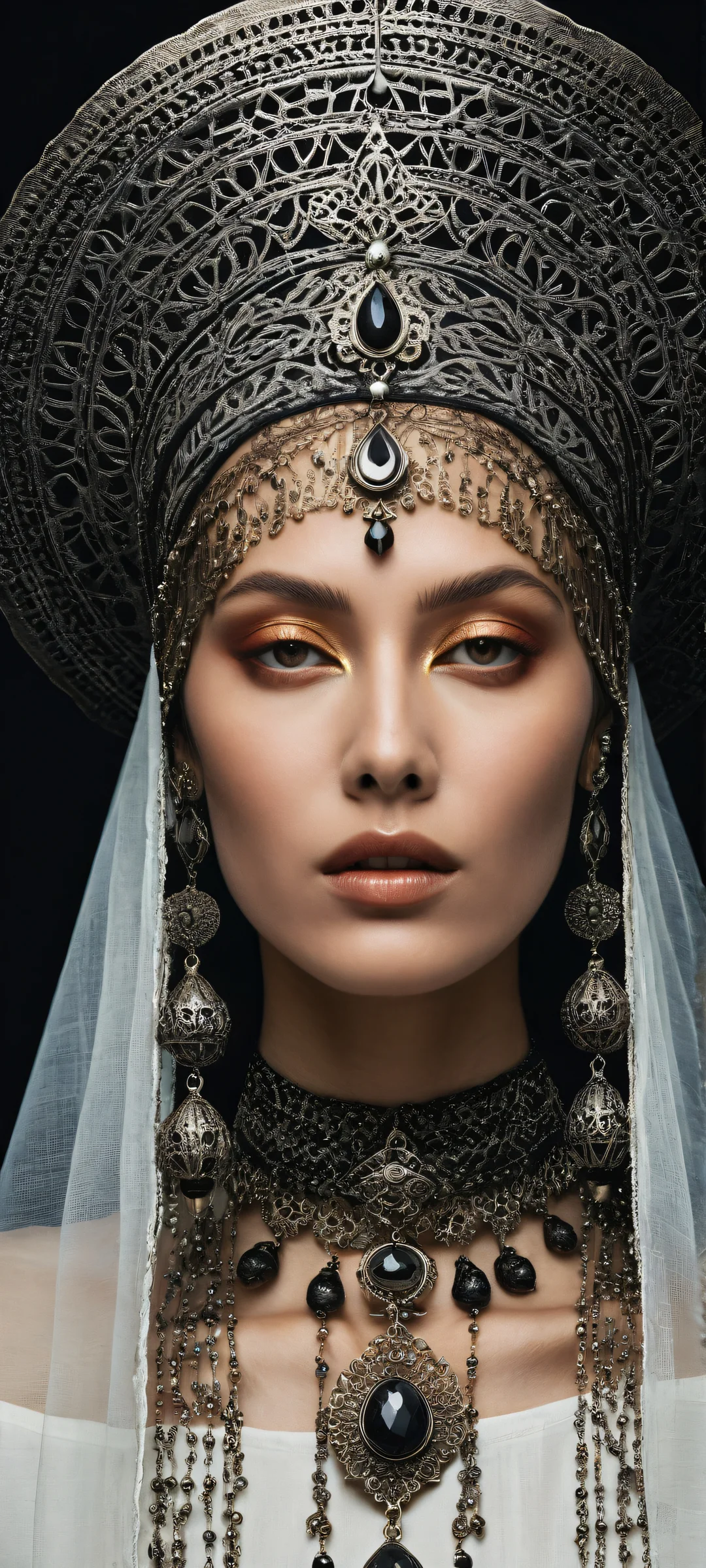 iPhone and Android compatible mystical artwork of a woman with intricate details and deep blacks