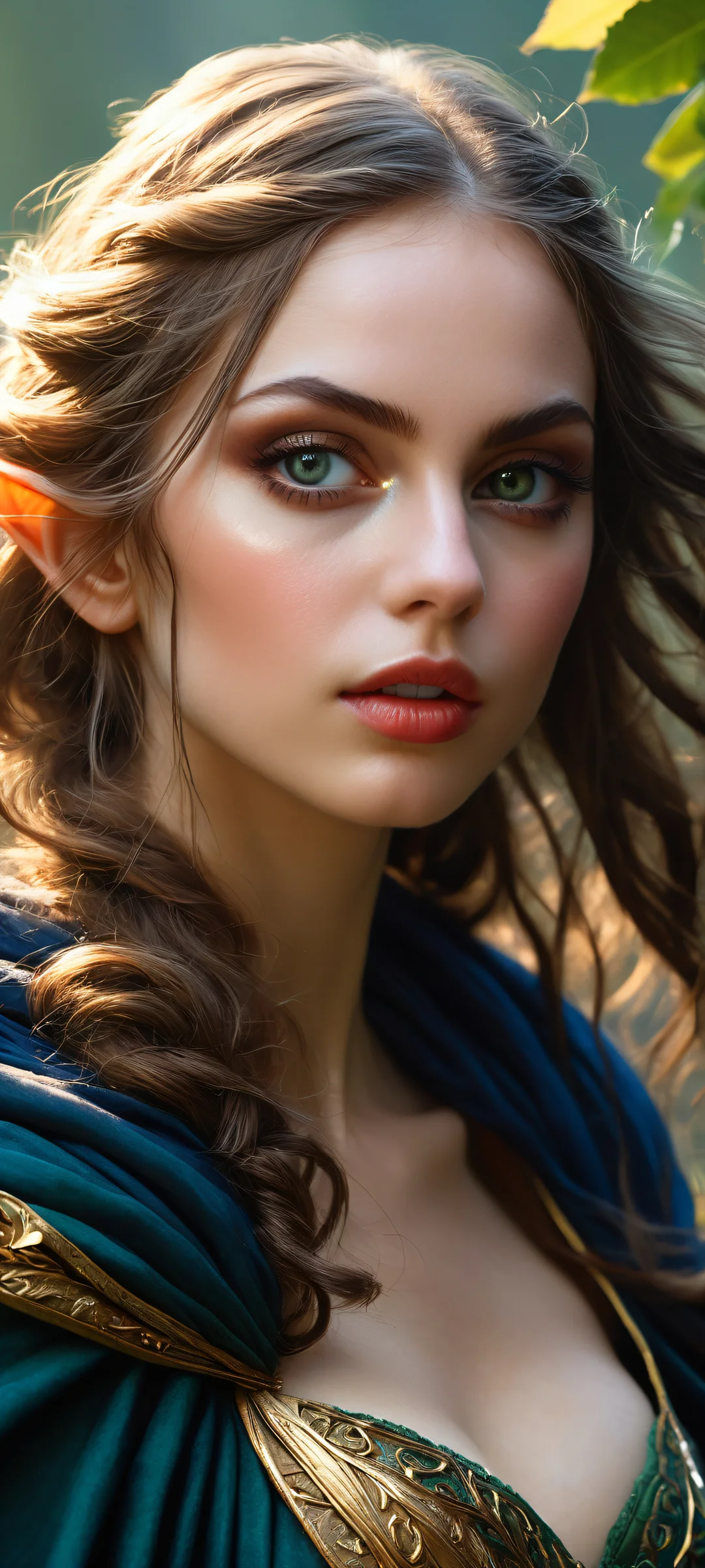 A whimsical elf girl with a brunette hairstyle and cape flows in the wind, placed on an ancient castle backdrop, parfaitement optimisé pour les écrans d'accueil iPhone et Android.