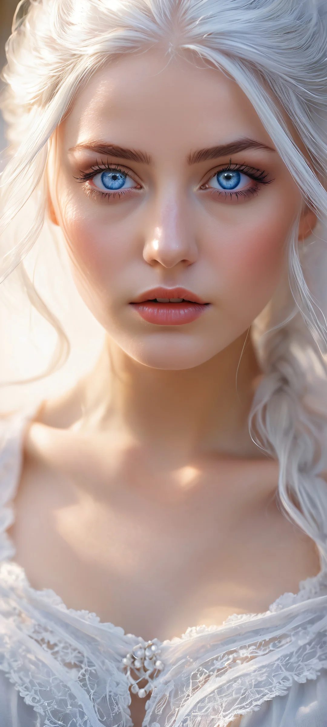 A mystical girl gazing directly at the viewer on iPhone and Android home screens, with intricate details of her piercing blue eyes and delicate white hair.