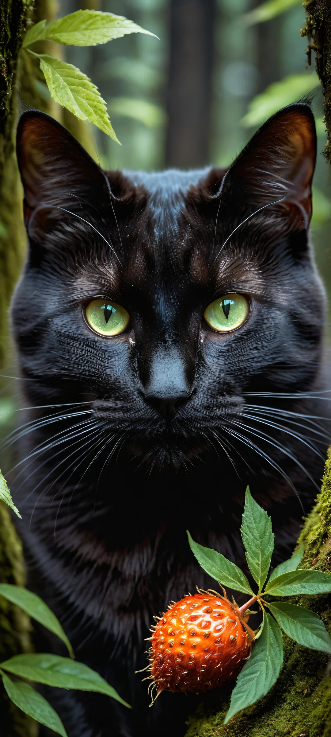 A majestic black cat holding a glowing forest fruit on iPhone/Android