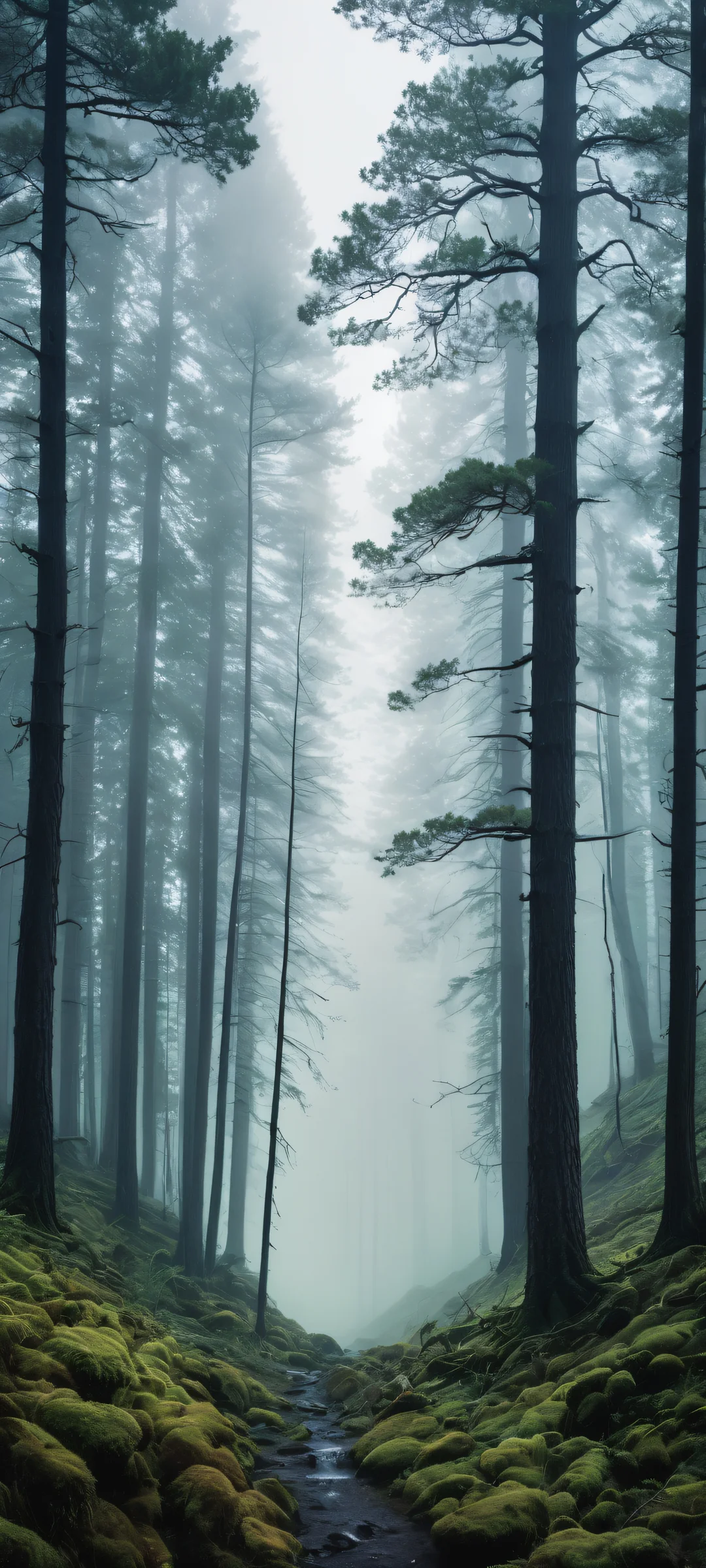 Mystic Forest Depths 2K QHD Home Screen A dramatic forest landscape with misty fog and towering trees on iPhone/Android screens.