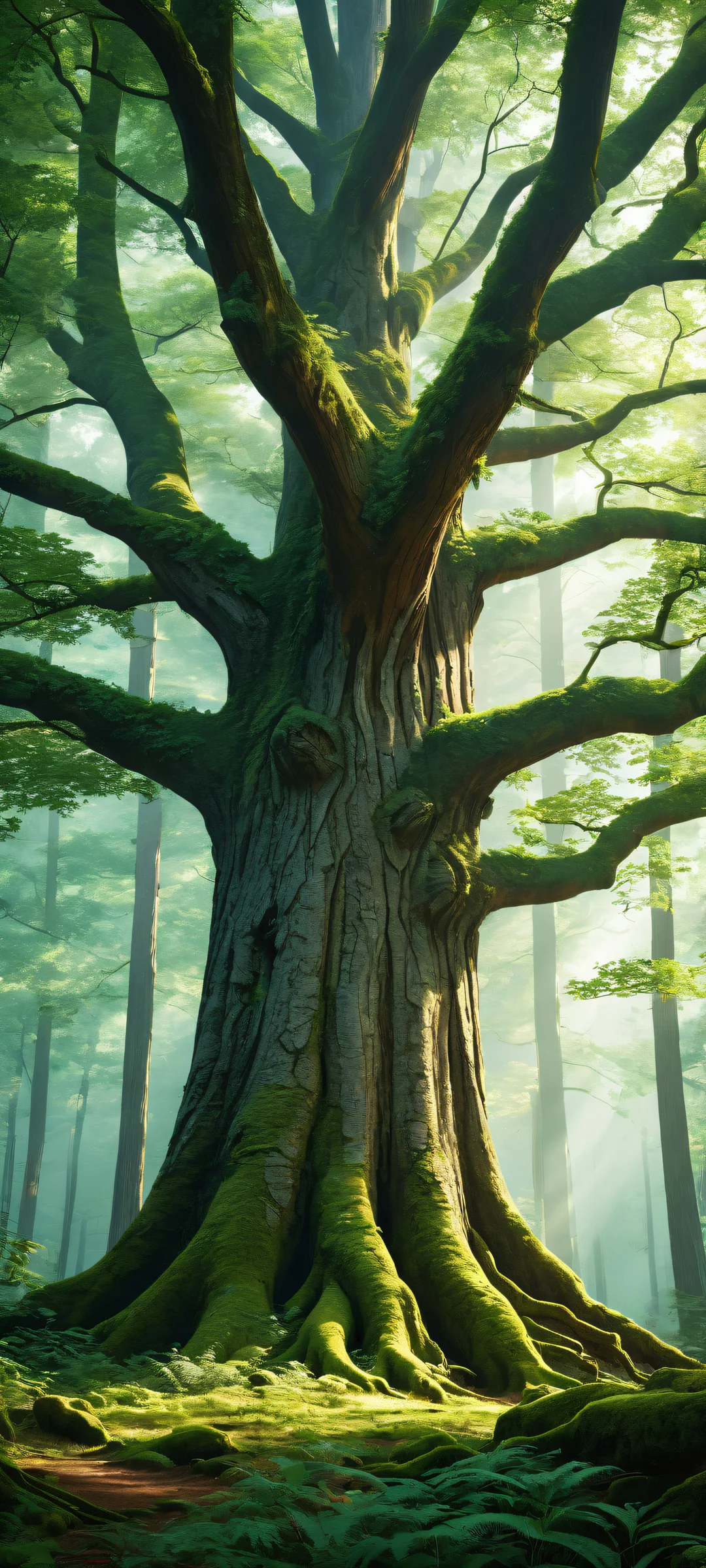 iPhone/Android wallpaper featuring a majestic tree in a serene forest glade with intricate details and ethereal lighting.