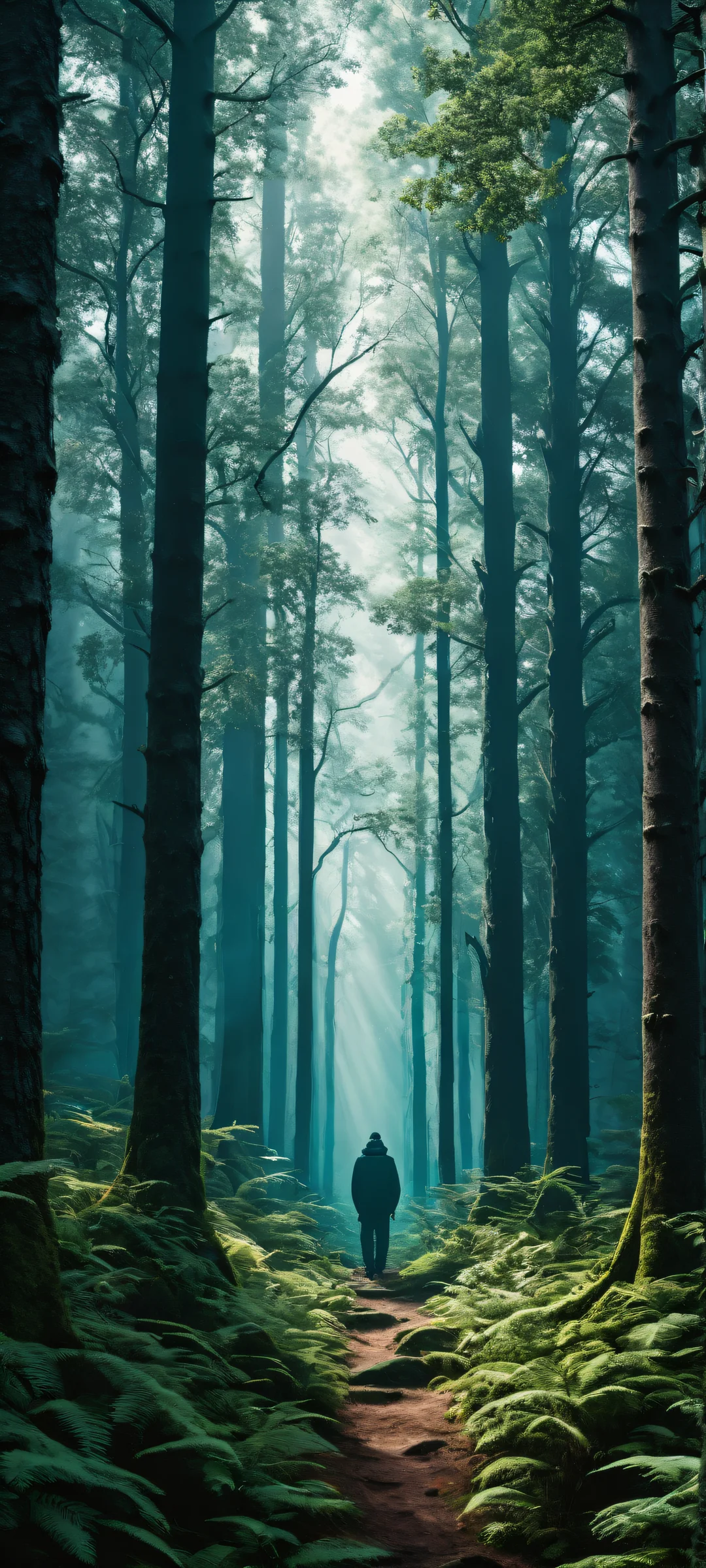 A group of mystic men standing amidst intricately detailed forest trees on a pure void background. Perfect for iPhone/Android home screens.