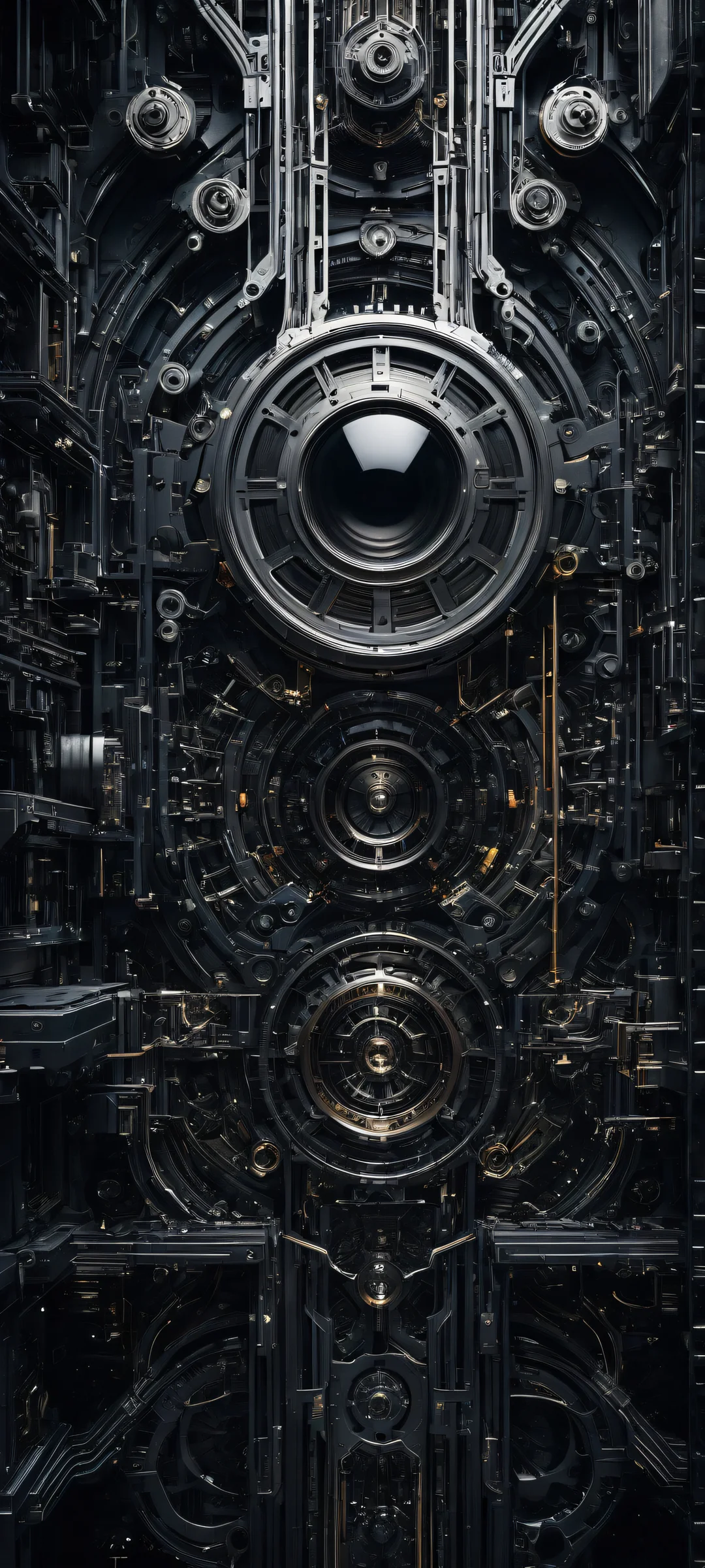 Futuristic machinery artwork for iPhone/Android, with deep dark mode aesthetic and luminescent accents.