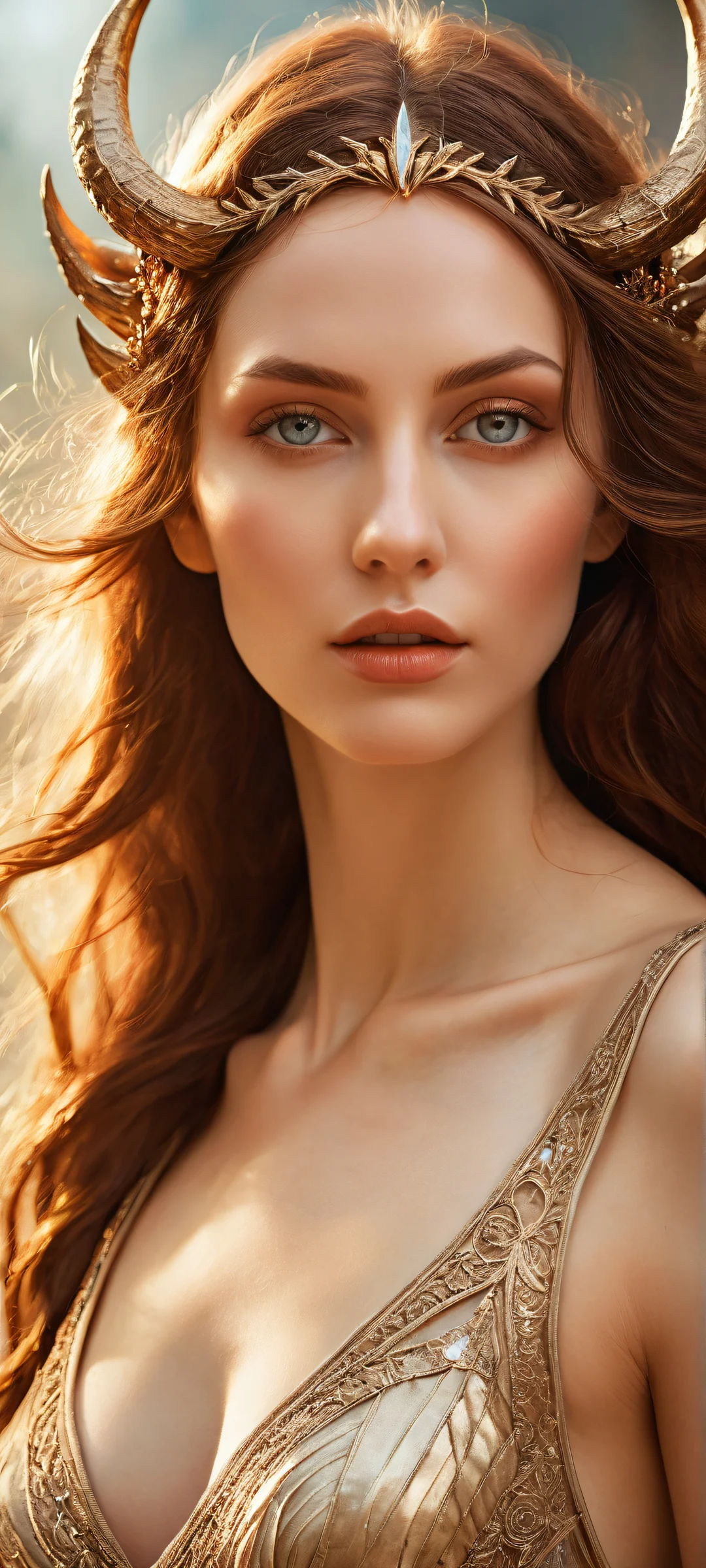 Mystic Maiden's Gaze 2K Mobile Background A mystical maiden with flowing brown hair and striking features gazes directly at the viewer on an iPhone/Android home screen, surrounded by a vast pure void.