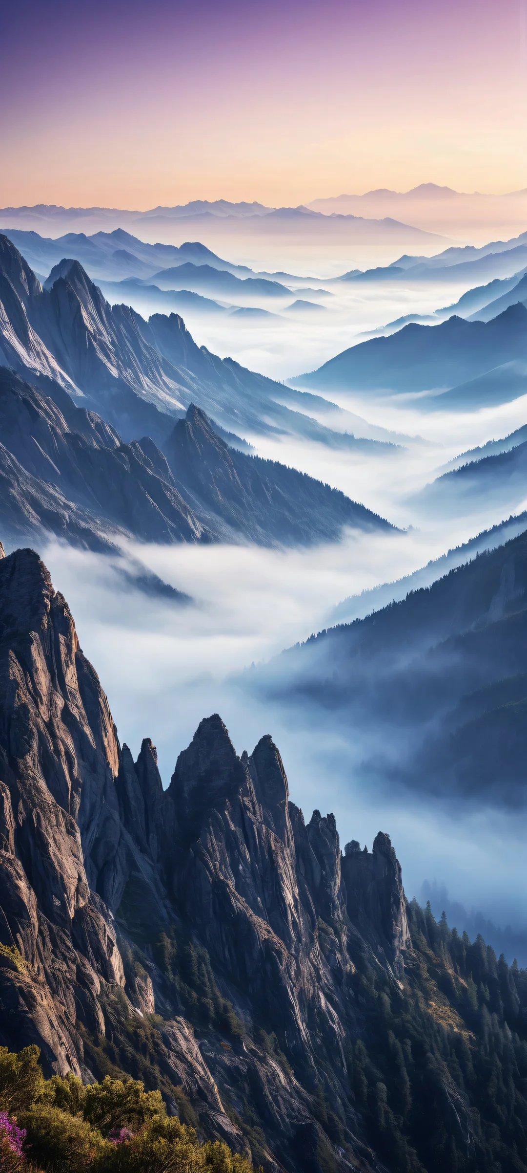 A breathtaking vertical portrait artwork of majestic mountain silhouettes on a fog-covered valley with iPhone/Android