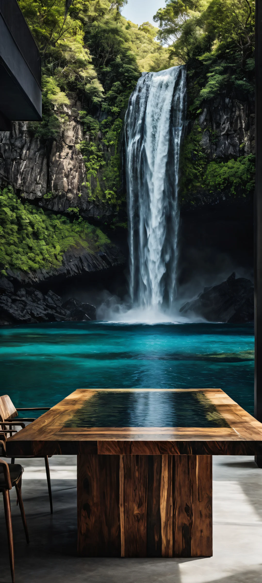 iPhone/Android compatible wallpaper featuring a serene waterfall with micro-details of crystal clear water and tiny rocks, perfect for low-key lighting and Dark Mode settings.