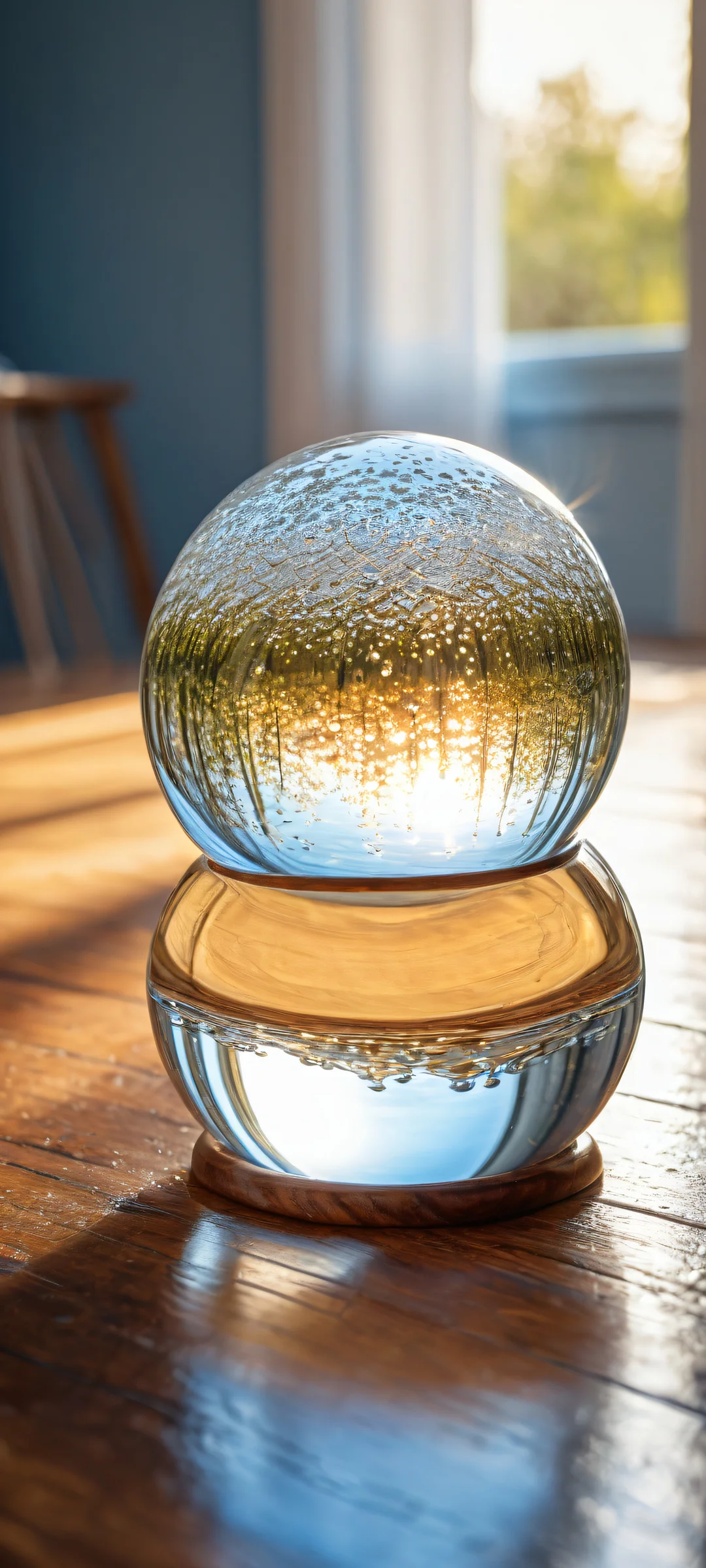 iPhone and Android users will be mesmerized by this serene waterfall pouring from a crystal ball on an old wooden table, with breathtaking reflections and micro-details.