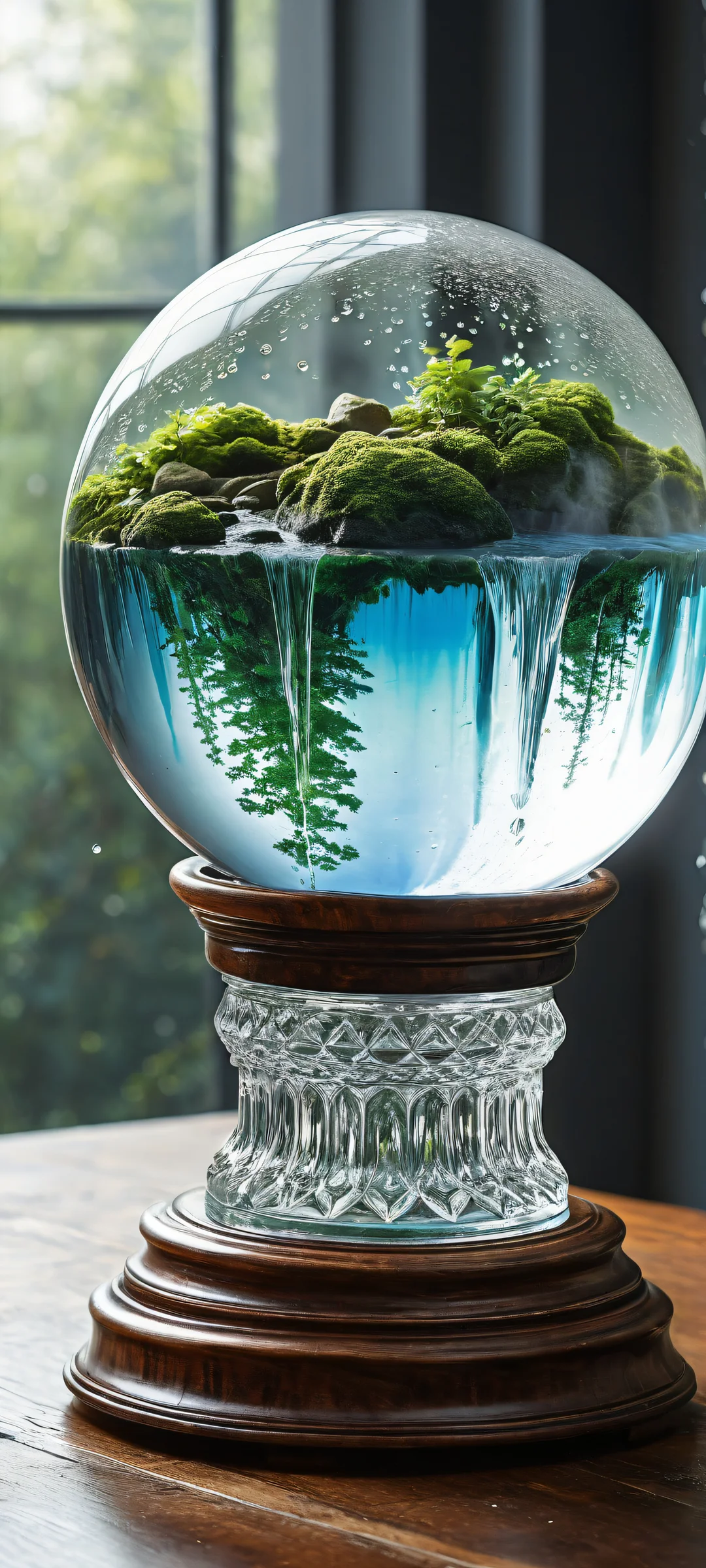 Ethereal artwork of a majestic waterfall within a crystal ball on an old wooden table. Parfaitement optimisé pour les écrans d'accueil iPhone et Android.