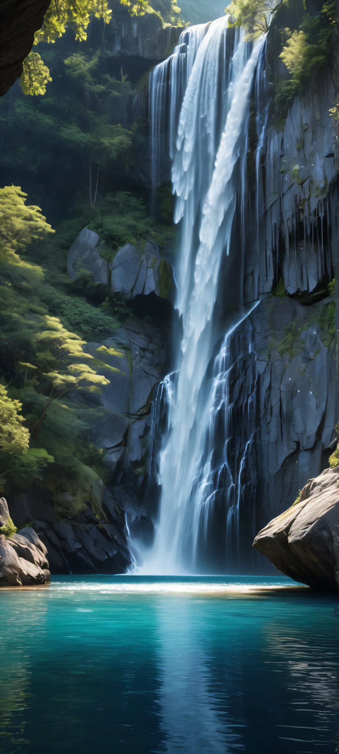 iPhone and Android user's serene escape: a breathtaking waterfall scene with intricate crystal formations and rustic wooden table, perfectly optimized for home screens.