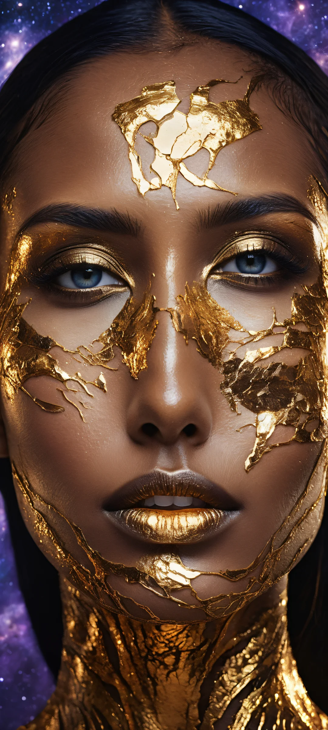iPhone/Android wallpaper featuring a stunning portrait of a woman with obsidian skin and molten gold veins, perfect for your home screen.