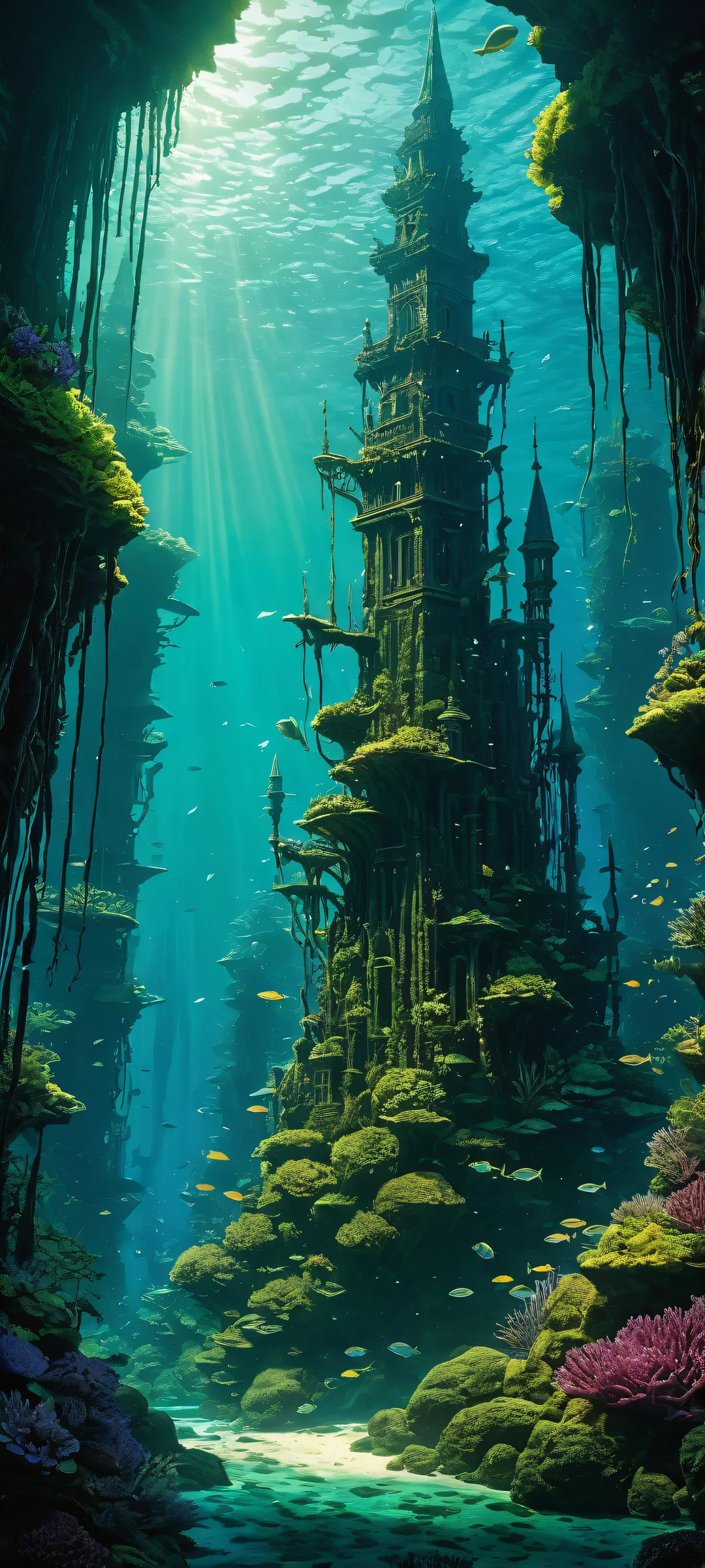 A majestic underwater cityscape for iPhone and Android devices, featuring intricate details and bioluminescent accents.