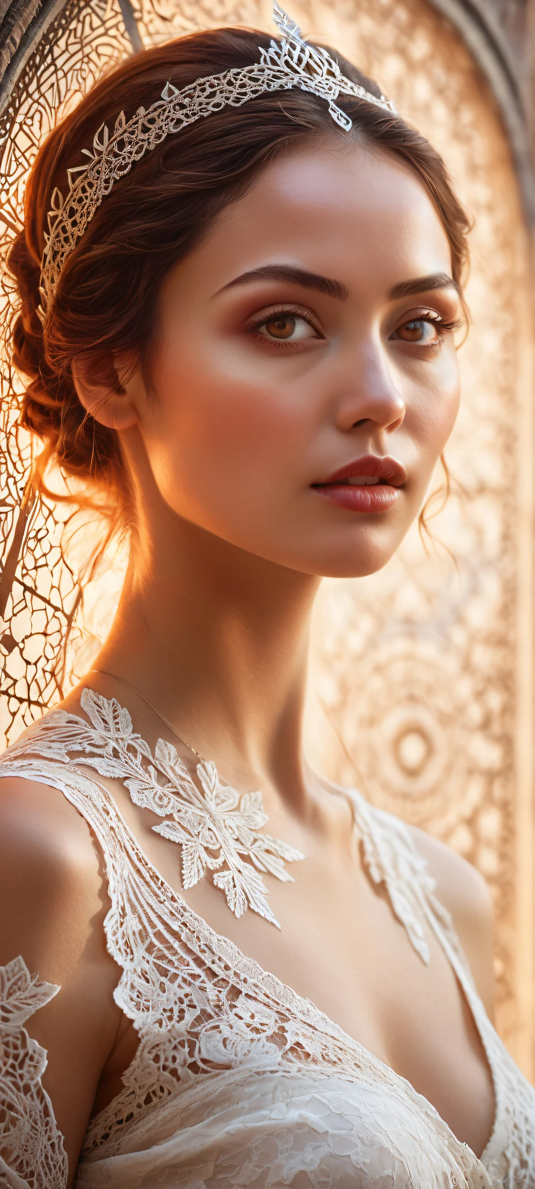 iPhone and Android mobile wallpaper featuring a mystical woman's portrait with intricate details, against an ancient setting. Perfectly optimized for iPhone, Samsung Galaxy, and Android home screens.