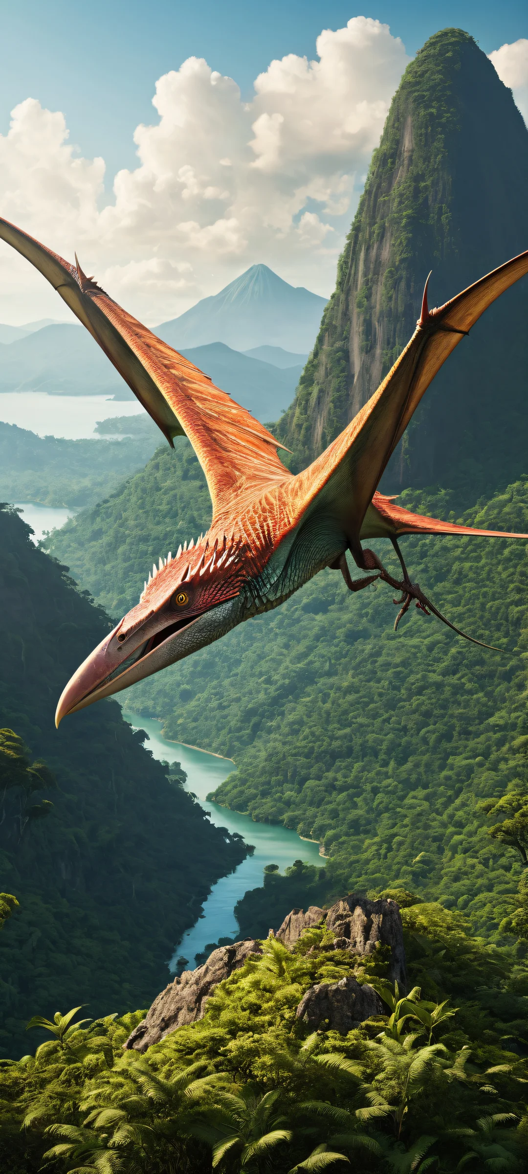 A majestic pteranodon head sits proudly on a mysterious background featuring a distant volcano, iPhone and Android users alike will be mesmerized by the stunning visual impact of this award-winning digital art.