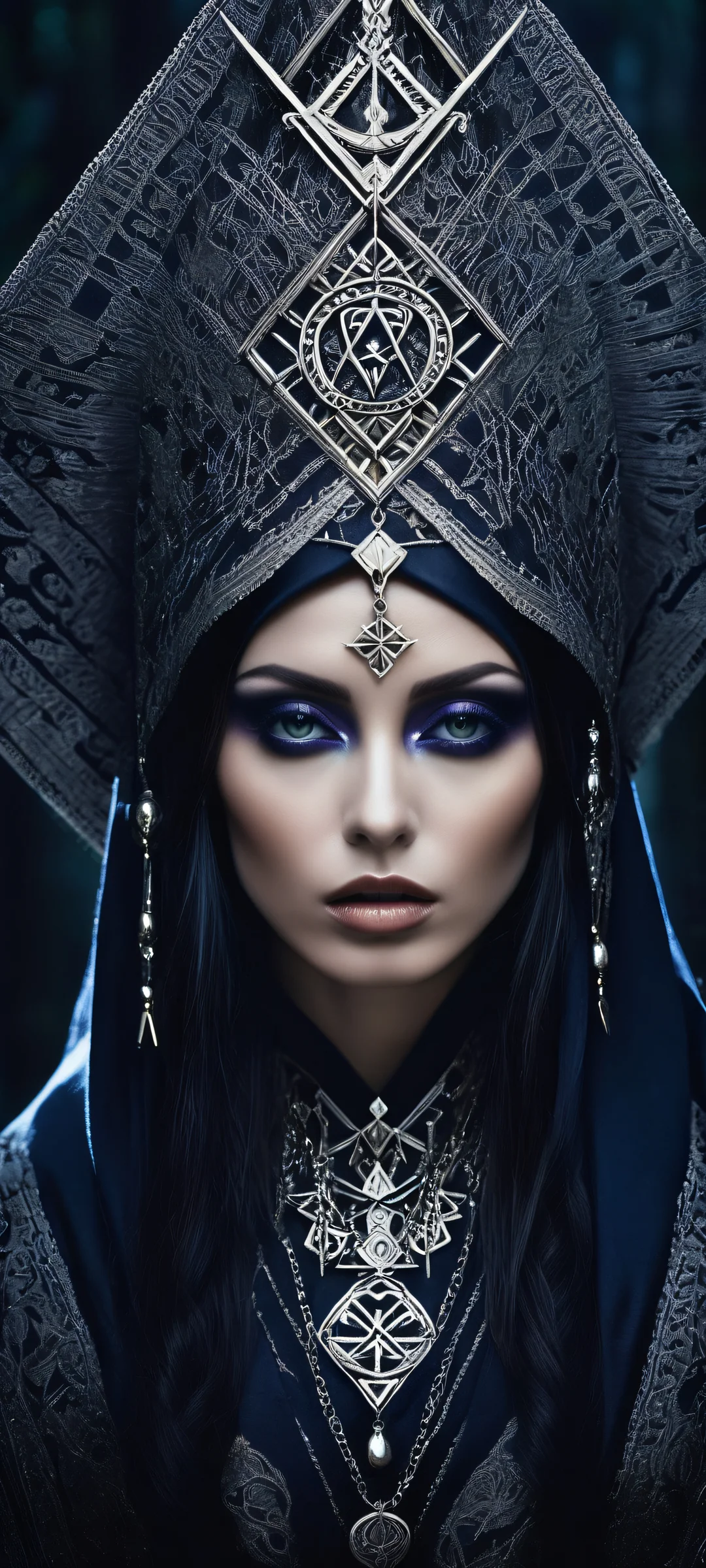 A mysterious woman surrounded by mystical symbols and ancient runes on a dark, atmospheric background reminiscent of an enchanted forest. Perfectly optimized for iPhone/Android home screens.