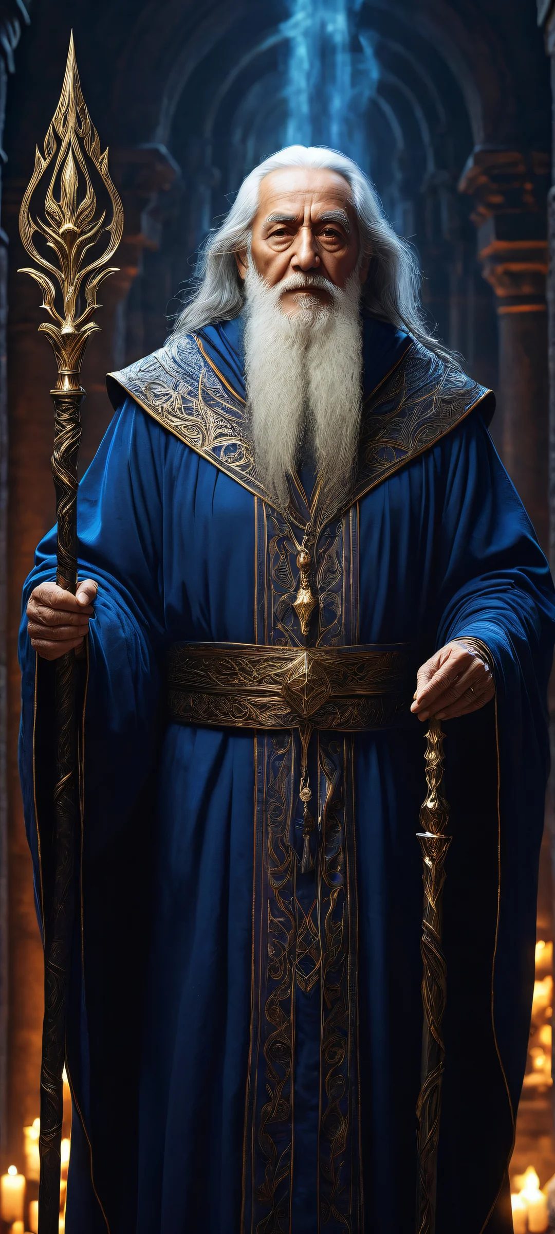 An elderly mage surrounded by magical energy and a dark, mysterious dungeon. Parfaitement optimisé pour les écrans d'accueil iPhone/Android.