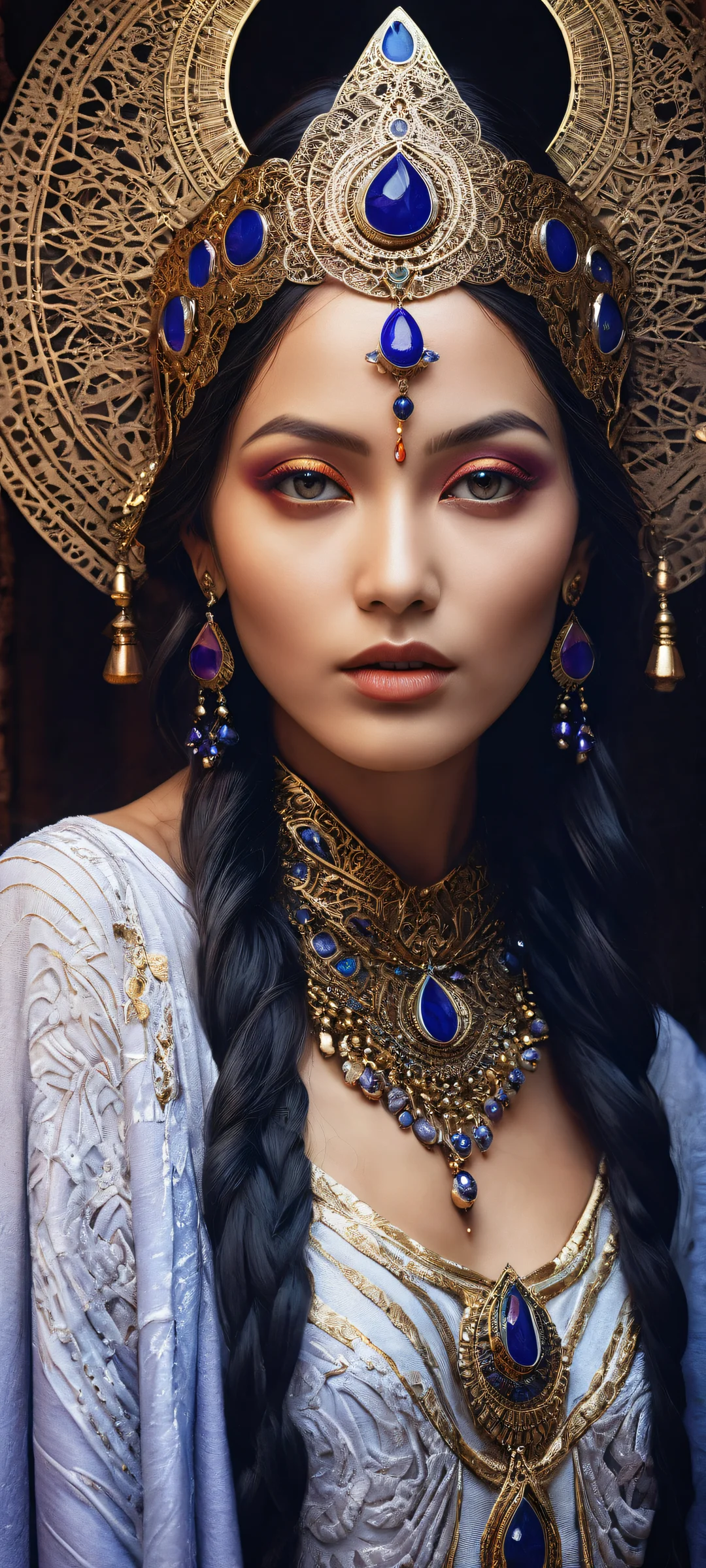 Mystic Realm Aesthetic Phone Wallpaper A mystic woman in a mystical robe against a dark and vibrant background with intricate textures and patterns. Perfect for iPhone or Android home screens.