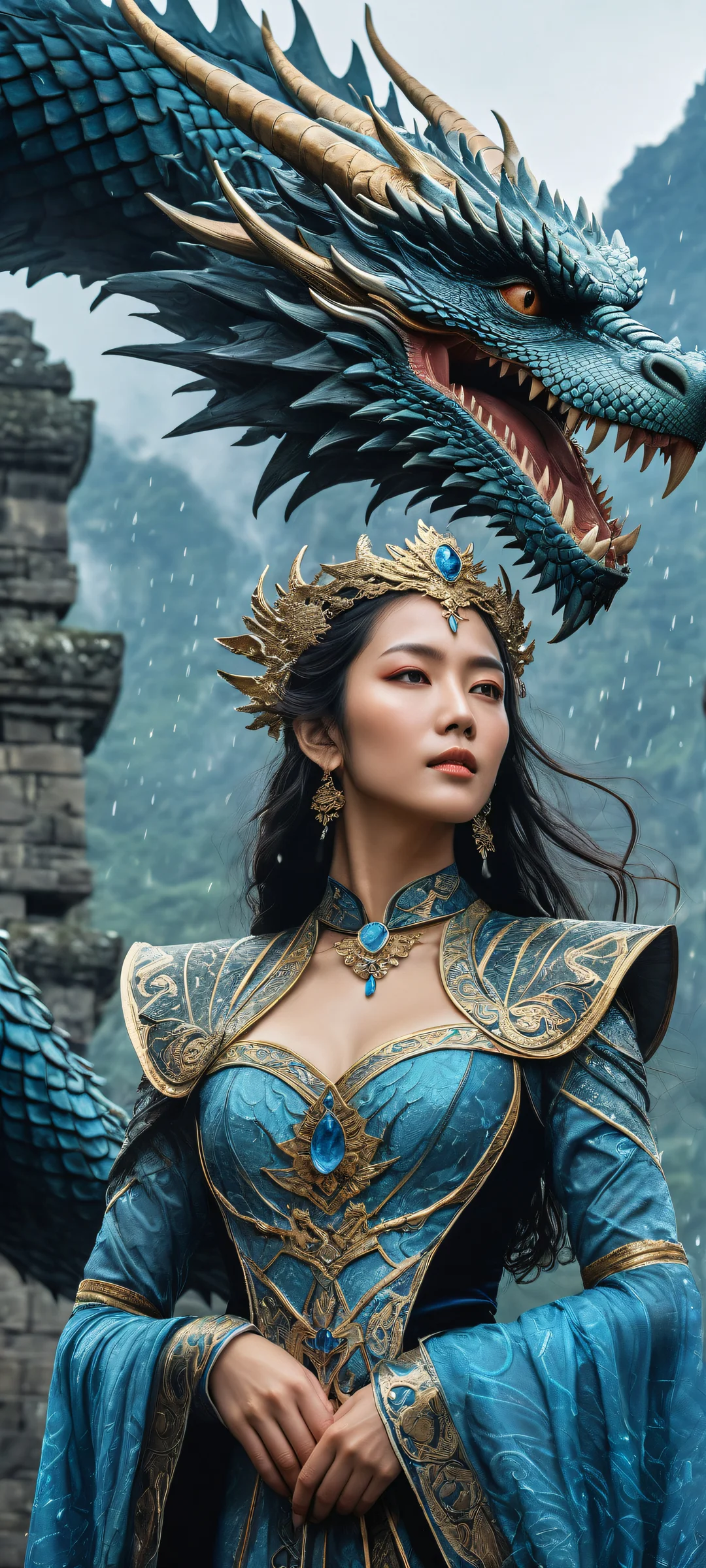 A majestic dragon and ancient ruins set against a misty rain-soaked landscape, featuring the stunning long hair and intricate attire of Furina on an iPhone/Android.
