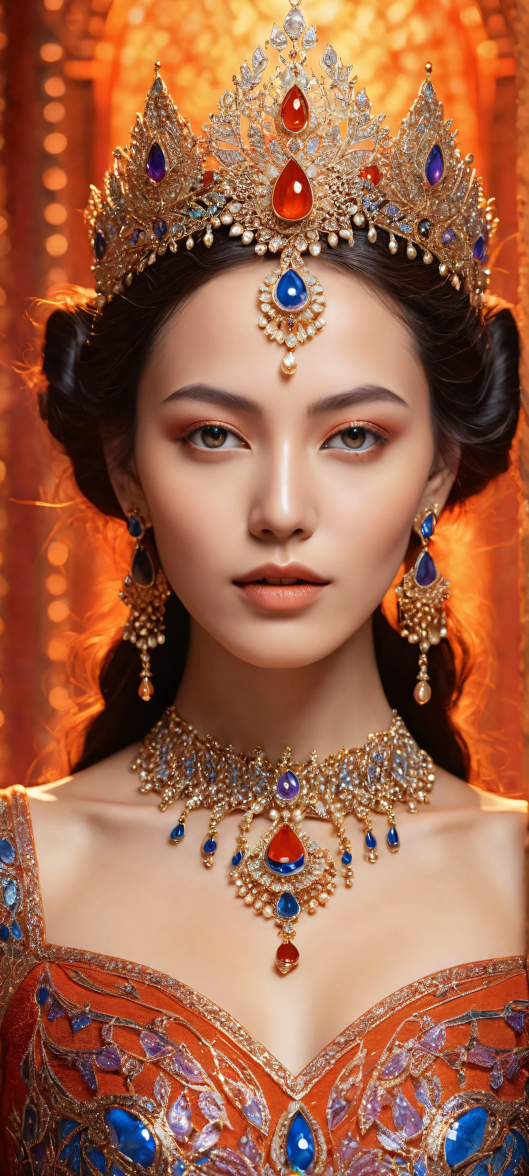 Original female character on iPhone/Android with mystical jewelry and dress design, ethereal lighting, and radiant colors.