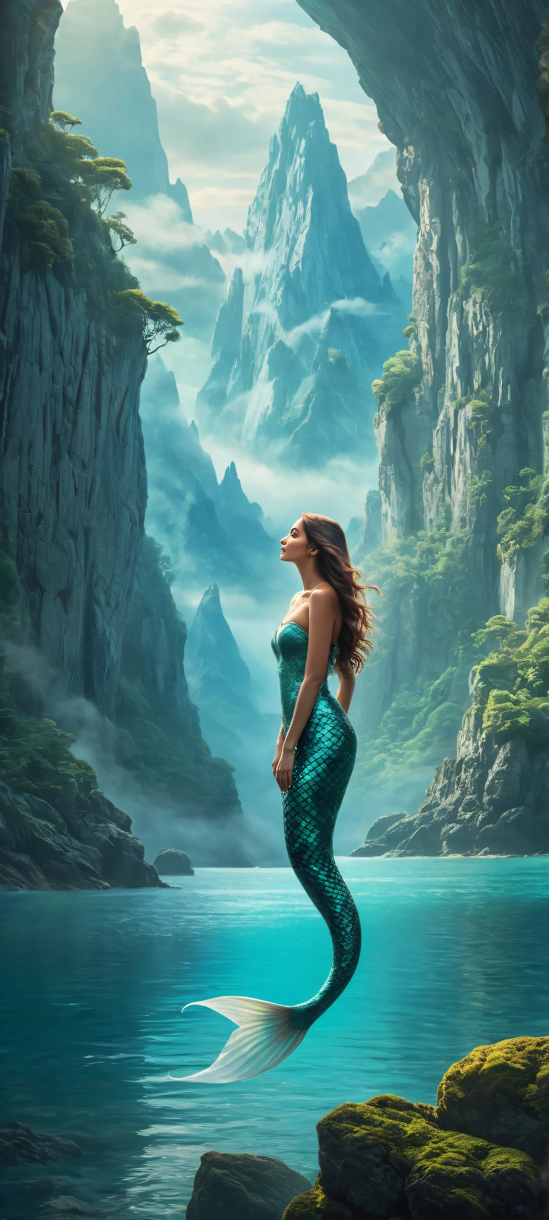 iPhone and Android users, immerse yourself in this enchanting mermaid scene with intricate shipwreck details, serene lake backdrop, and radiant colors.