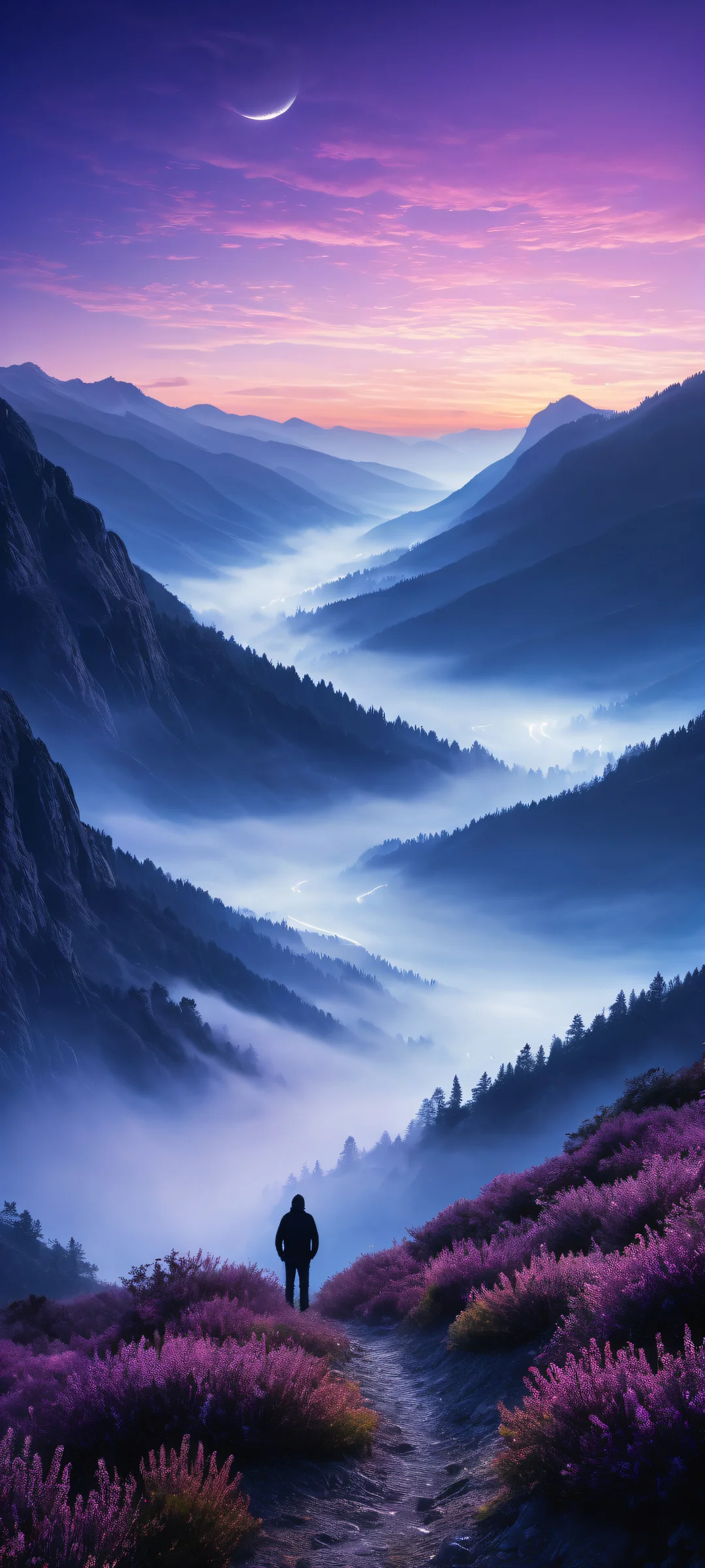 Ethereal landscape of a glowing valley on iPhone or Android with misty fog and dark mountain silhouettes
