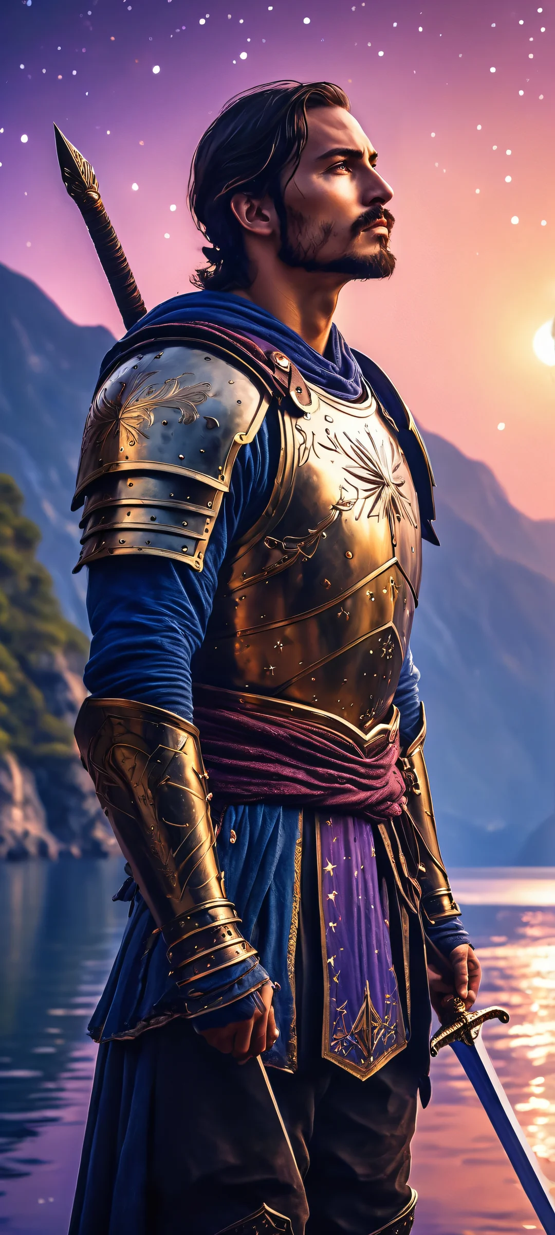 Ethereal portrait of a majestic warrior standing under the starry night sky on an iPhone or Android device.