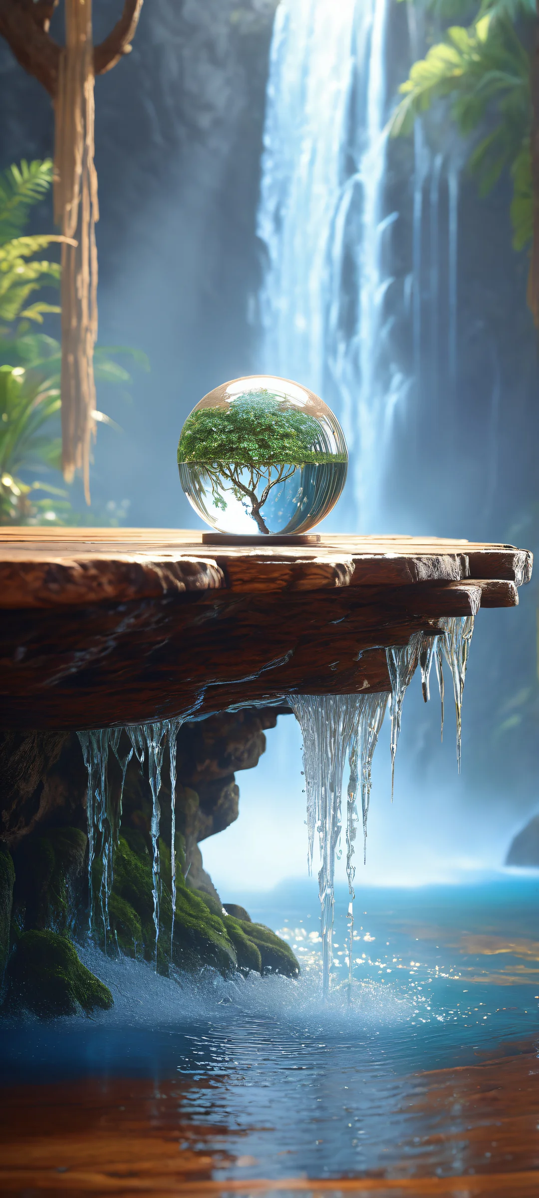 iPhone/Android stunning digital art of a mystical waterfall pouring into an empty room with ethereal lighting and radiant colors.