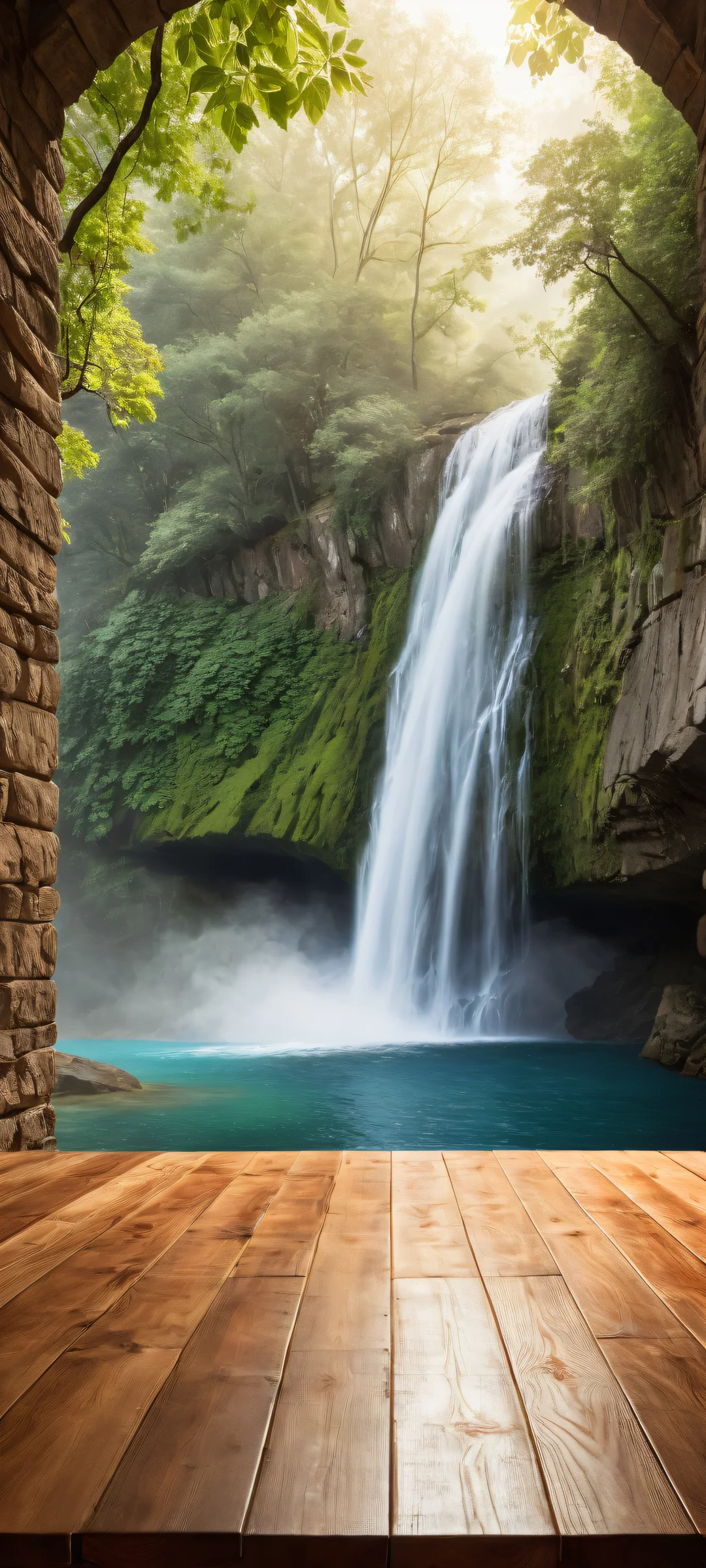 Mystic Waterfall Oasis iPhone & Samsung QHD Fond d'écranparfaitement optimisé pour les écrans d'accueil iPhone et Android A serene waterfall surrounded by misty veils on an old wooden table, perfectly optimized for iPhone and Android home screens.