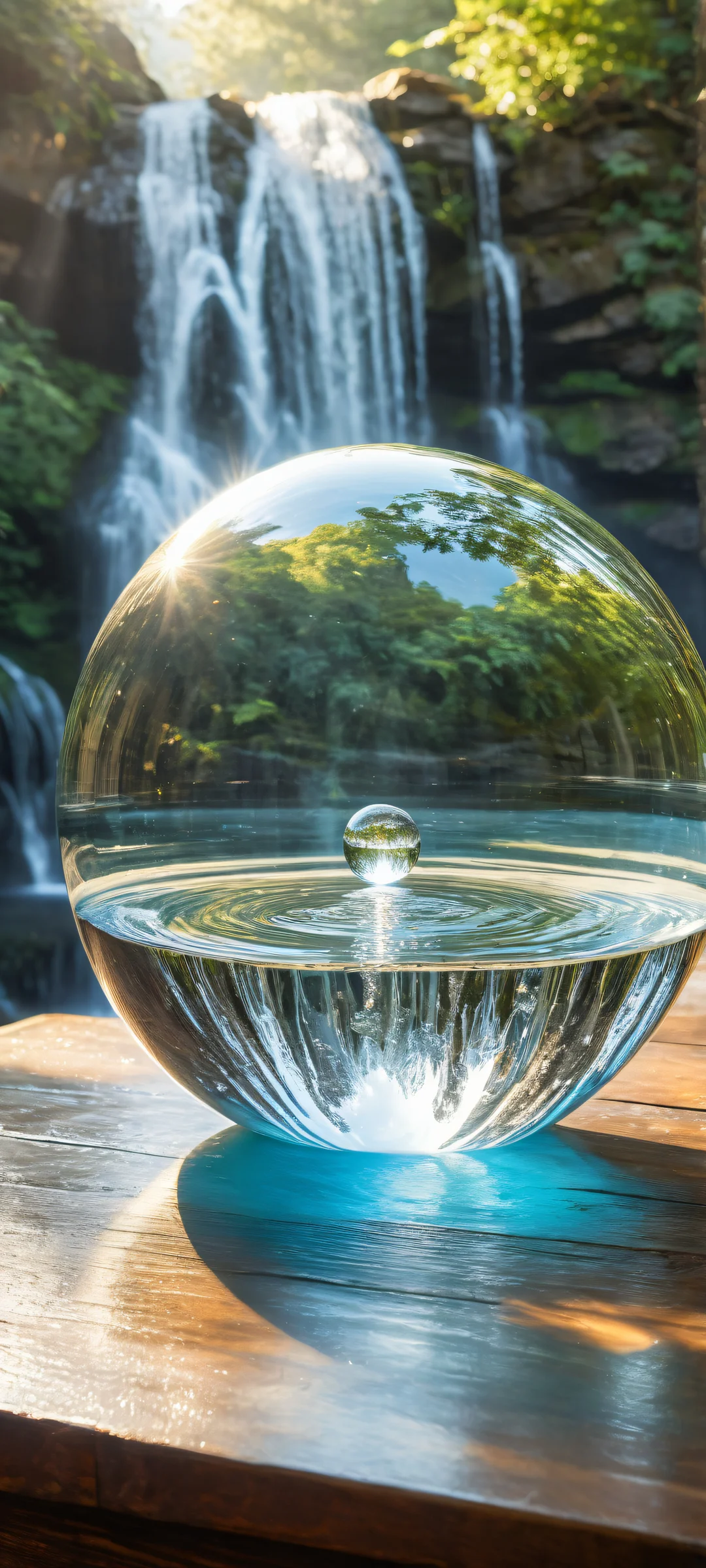 A serene iPhone/Android wallpaper featuring a breathtaking waterfall amidst crystal formations and atmospheric haze.