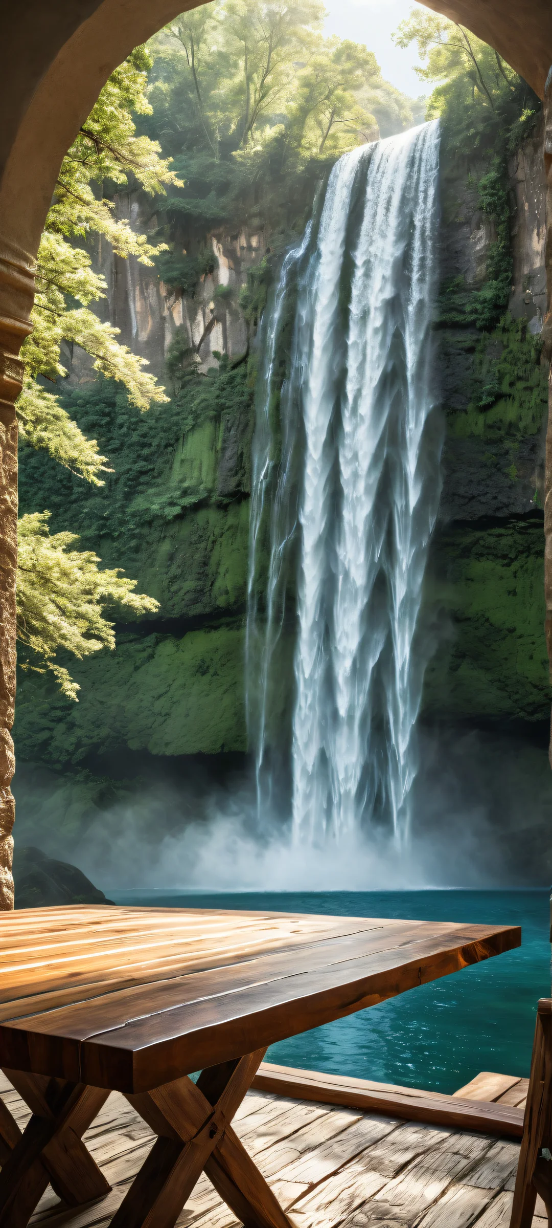 Mystic Waterfall 2K Mobile Background Breathtaking vertical portrait artwork of a serene waterfall on an iPhone or Android home screen, featuring intricate micro-details and ethereal lighting.