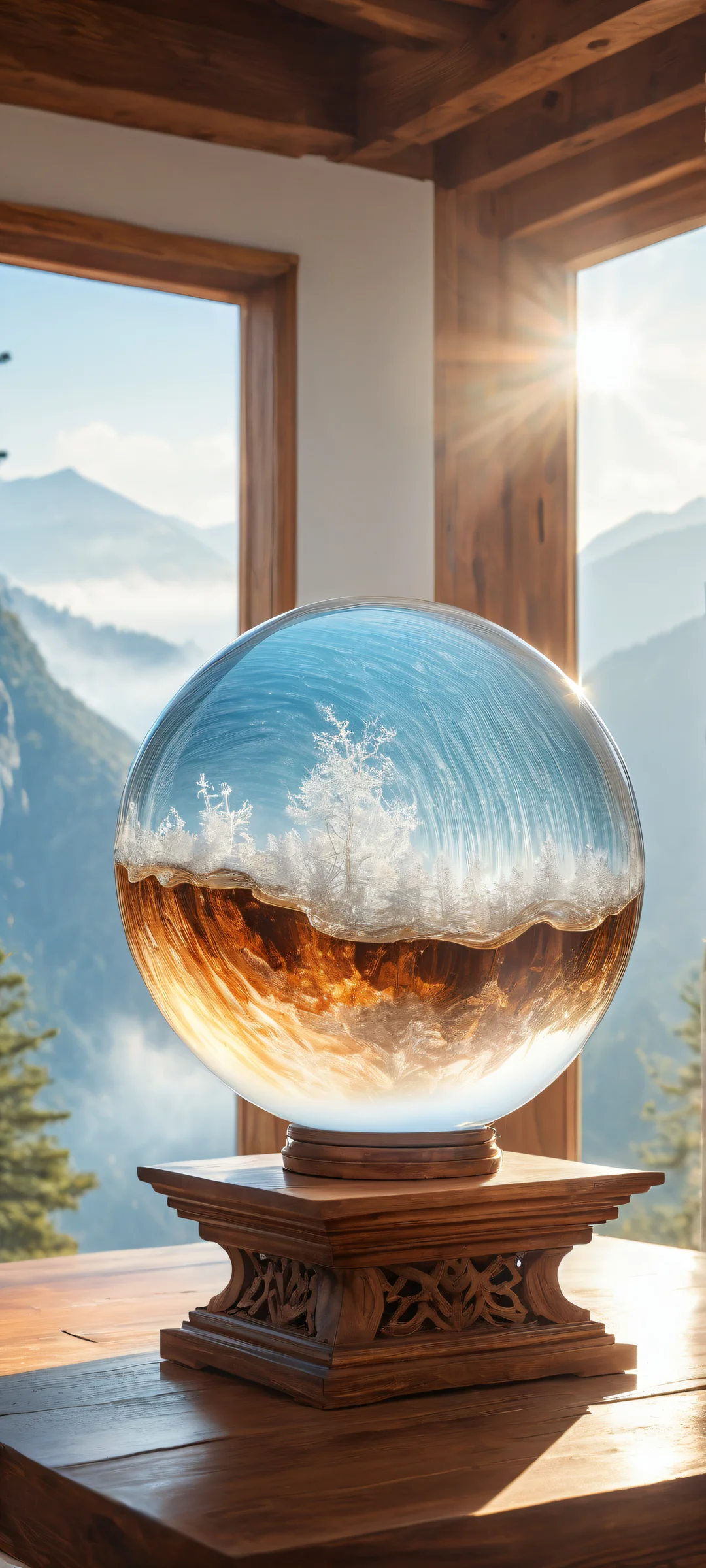 iPhone/Android users can now set this breathtaking vertical portrait artwork of a waterfall as their wallpaper, featuring an old wooden table with a crystal ball and misty vapors.