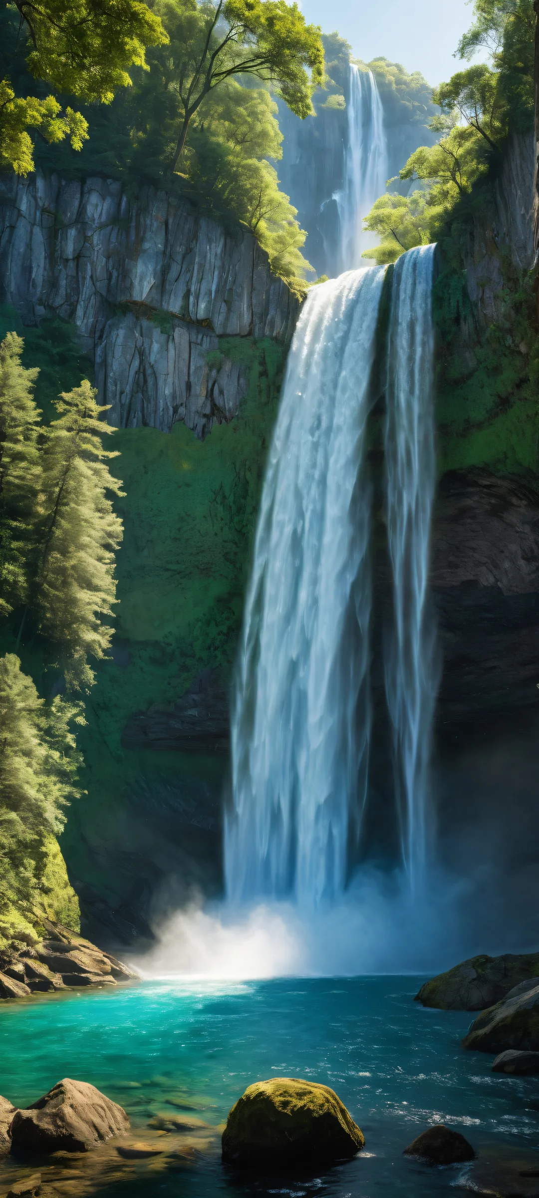 A serene mythical waterfall scene on an iPhone/Android, perfect for your home screen.