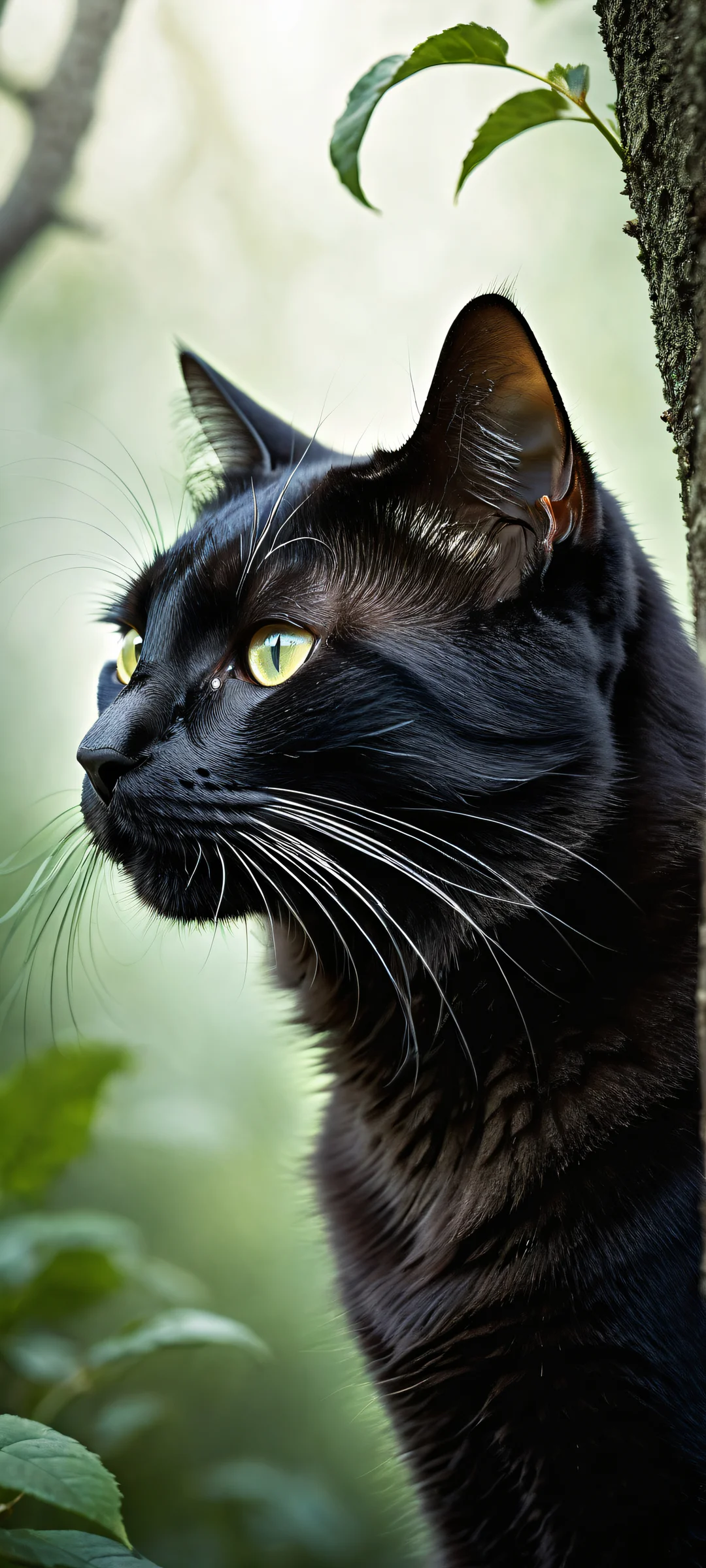 A majestic black cat with intricate whiskers and subtle fur textures against a serene landscape on an iPhone or Android home screen.